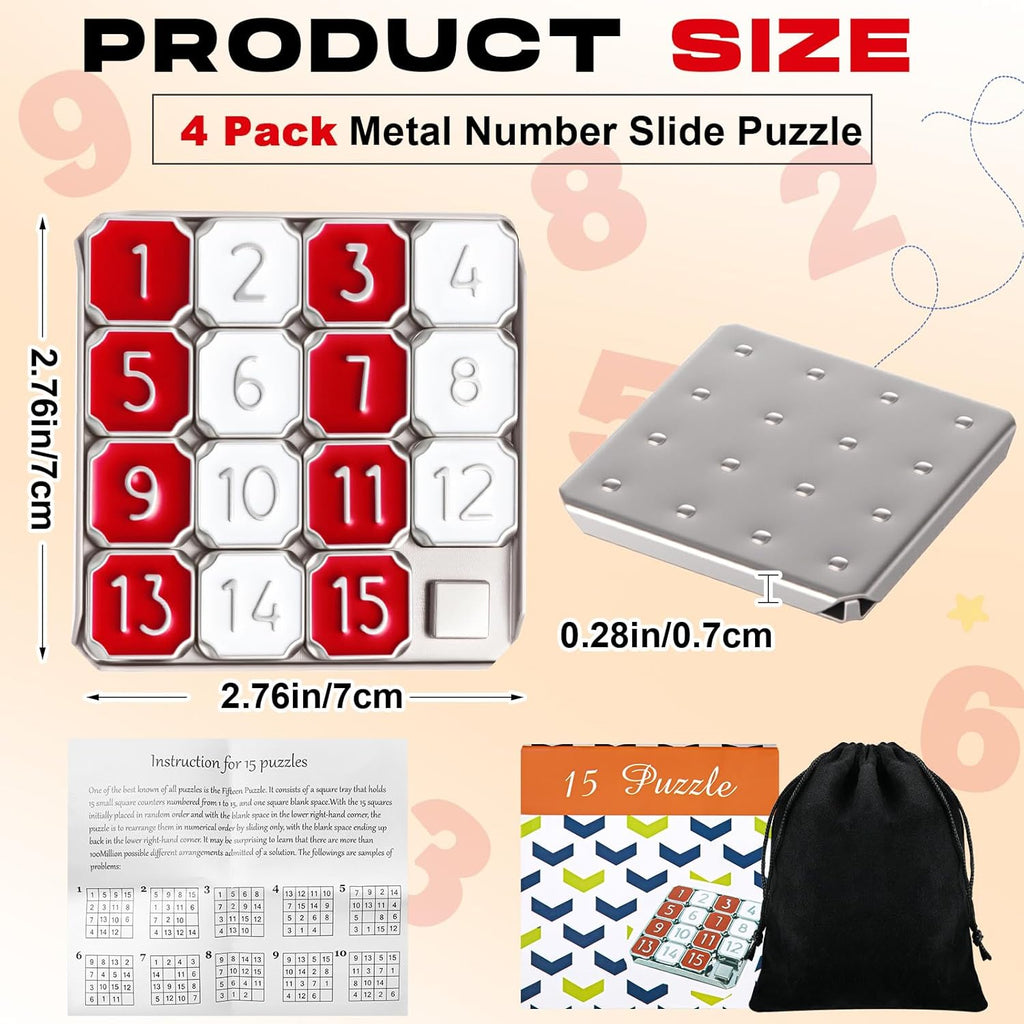 Metal Number Slide 15 Puzzle Red and White Number Sliding Puzzle Educational Pocket Funny IQ Game for Teens and Adults, Ideal for Learning Tool Party Favors(Red and White,4 Pack)