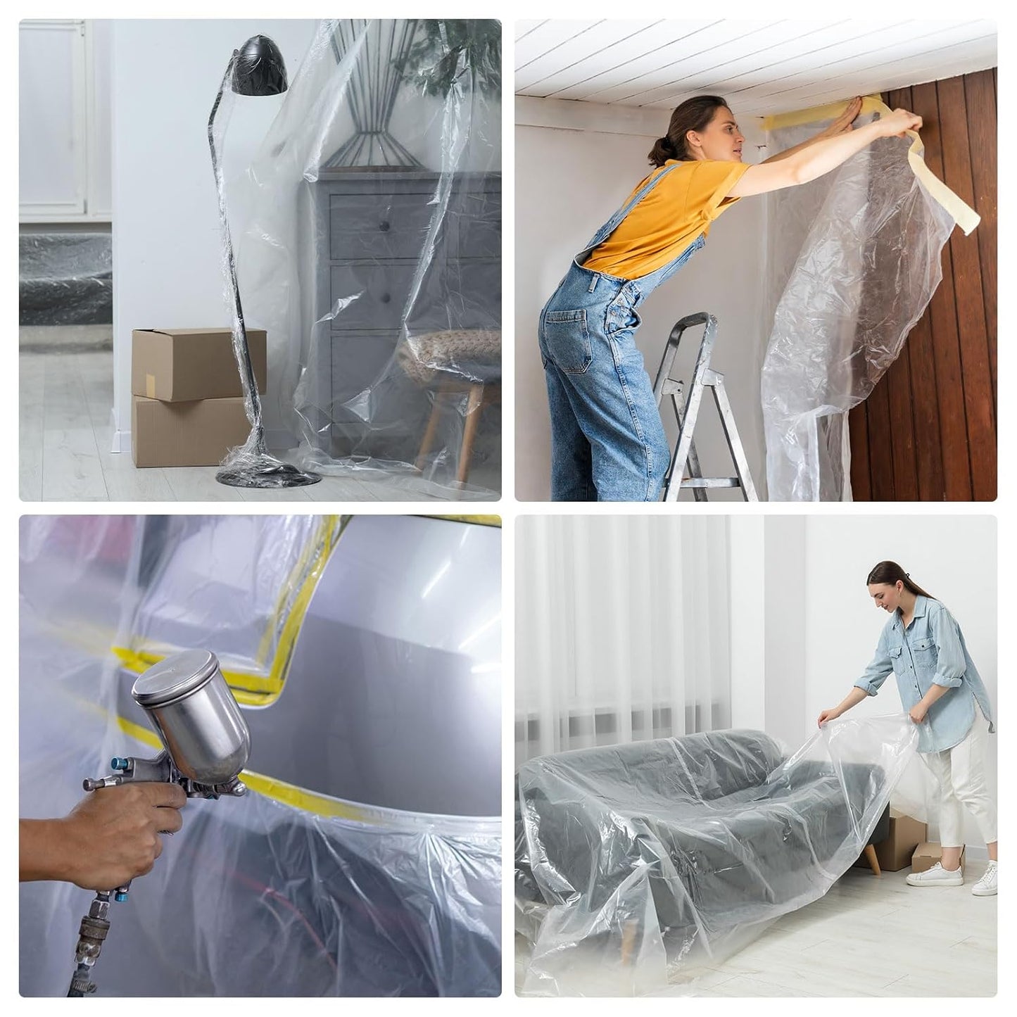 HARFINGTON 3 Rolls Pre-Taped Masking Film 126" x65.6ft Double Adhesive Tape and Drape Painters Plastic Drop Cloth Film with Tape Plastic Sheeting for Automotive Painting Covering
