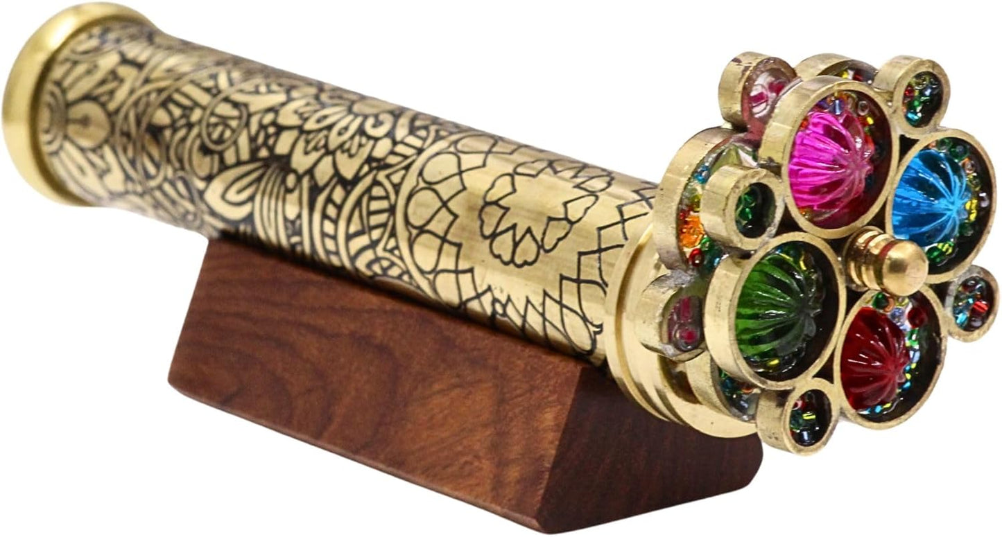 RII Handcrafted Etched Floral Pattern Lacquered Brass Kaleidoscope Includes Two Separate Turning Wheels-A Unique Gift to My Son, Grandson, Daughter. (6.5"x1")