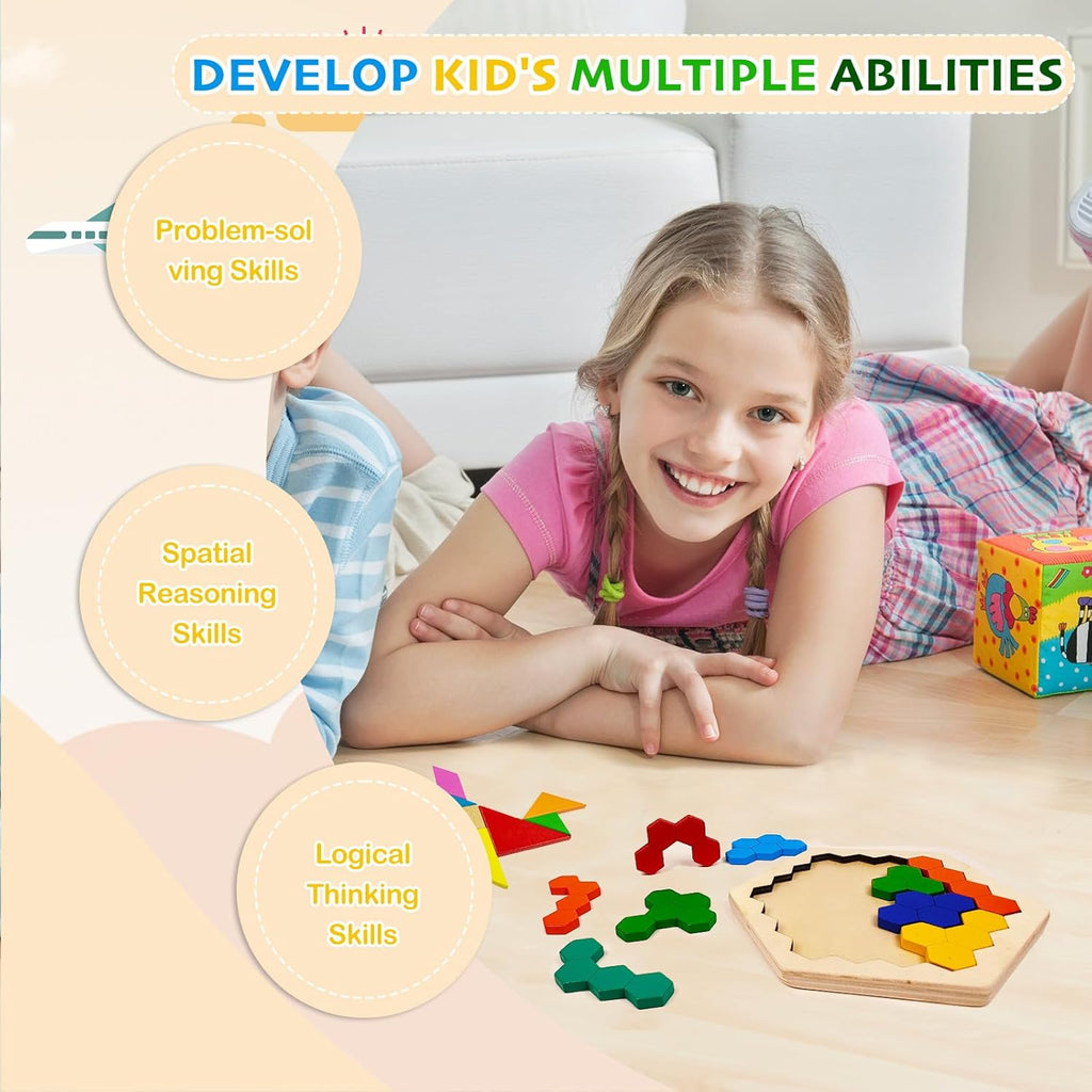 6 PCS Wooden Tangrams Puzzles for Kids, Wooden Hexagon Toddlers Puzzles Block Geometric Brain Teaser Wood Puzzle Tangram Logic IQ Toy Gifts for All Ages Boys Girls Adults Intelligence