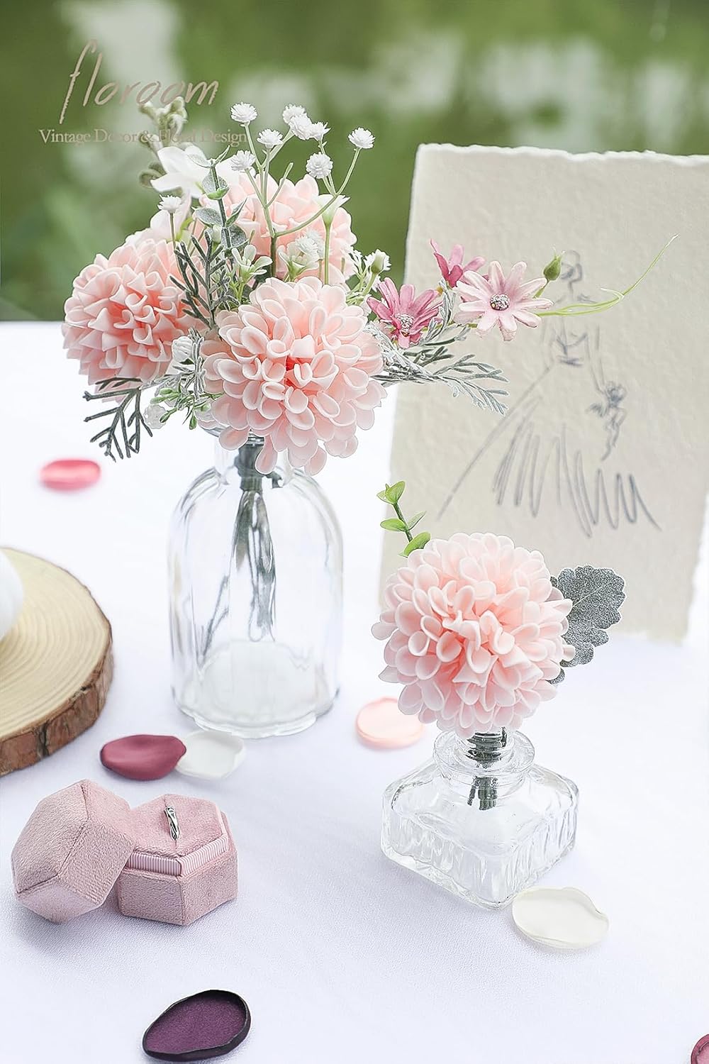 Floroom Artificial Dahlia Flowers 25pcs Real Looking Blush Foam Fake Roses with Stems for DIY Wedding Bouquets Pink Bridal Shower Centerpieces Floral Arrangements Party Tables Home Decoration