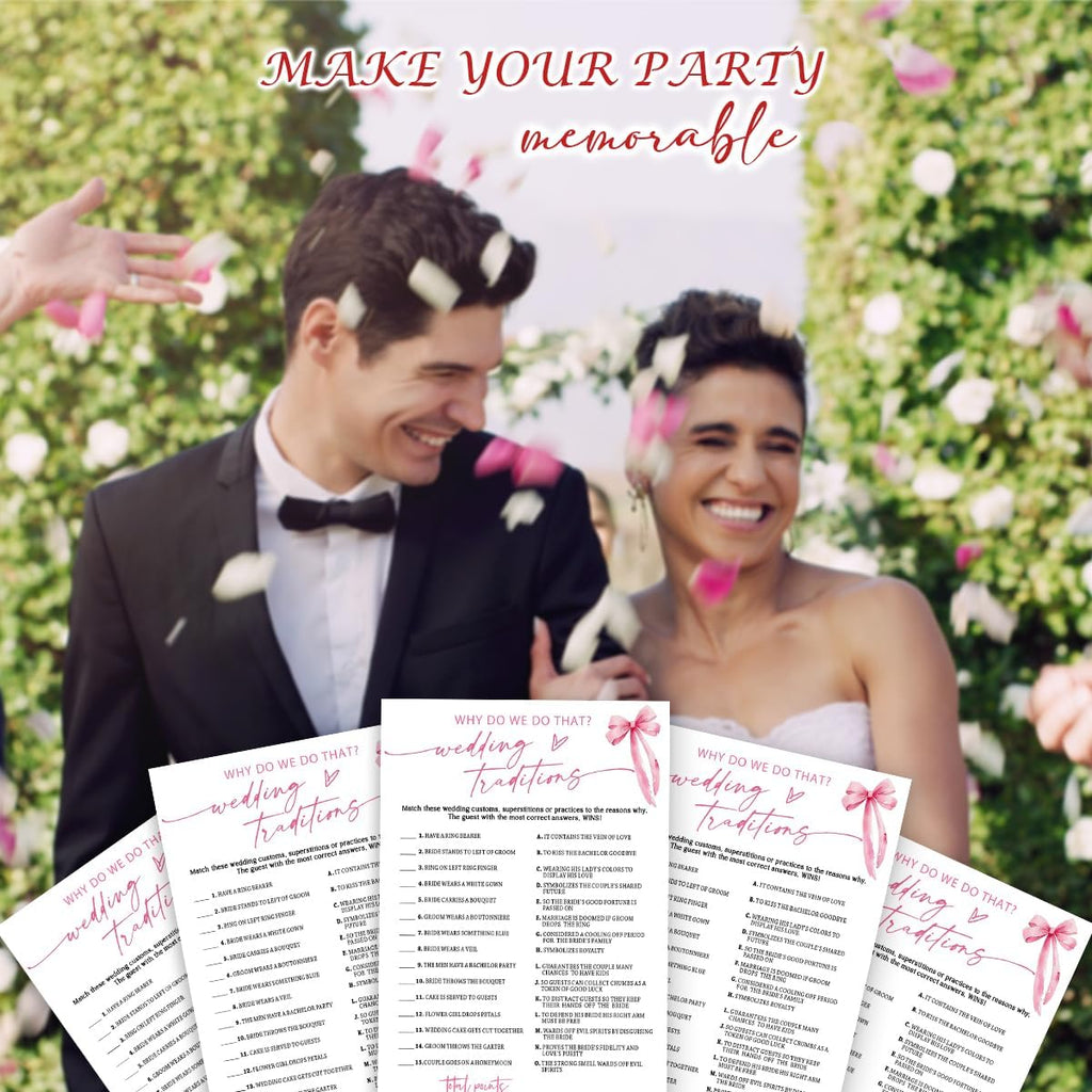 Bridal Shower Games Cards, Wedding Traditions Why Do We Do That, 25 Cards with 1 Answer Card, Engagement Party Games for Guests, Pink Ribbon Bow Wedding Party Supplies - E08