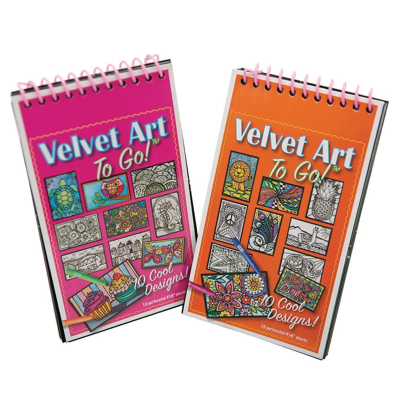 S&S Worldwide Velvet Art To Go! 2 Spiral Bound Coloring Books w/Perforated Cardstock Pages, Fuzzy, Felt, Great for Travel: Planes, Cars, Backpacks, 20 Different Projects Total, Kids & Adults, 4"x6".