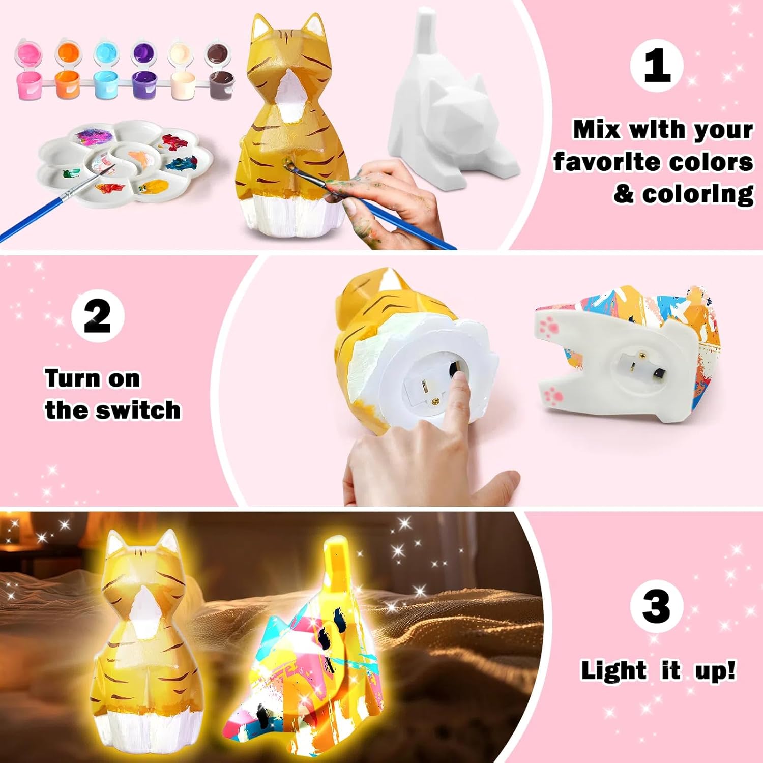 FUNZBO 2pcs Paint Your Own Cat Lamp Kit - Halloweens Arts and Crafts Supplies Kitten Painting Kits for Kid Teen, DIY Night Light Toy for Toddlers Girl Boy Age 3 4 5 6 7 8 9 10 11 12 13 + Birthday Gift