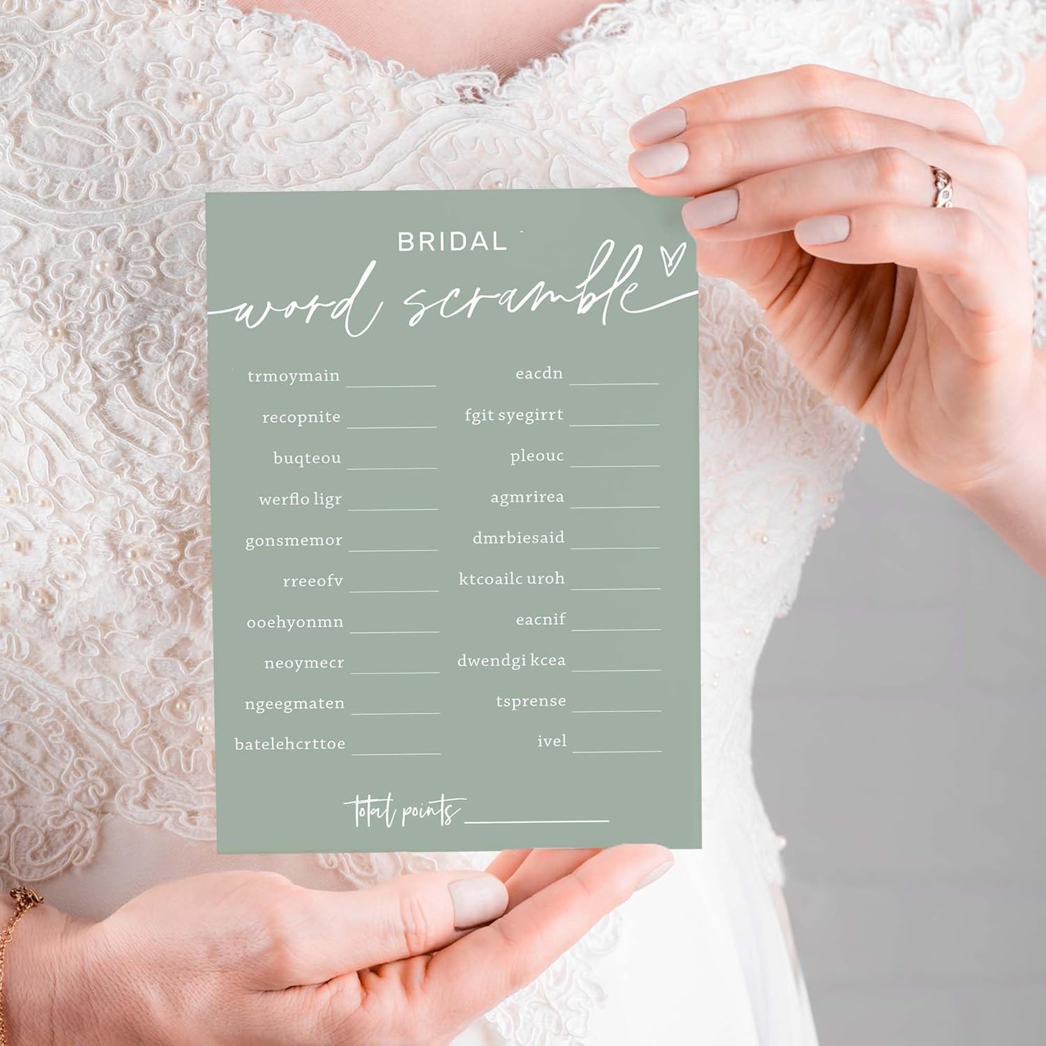 Bridal Shower Games Cards, Bridal Word Scramble, 25 Game Cards with 1 Answer Card, Engagement Party Wedding Games for Guests, Minimalist Green Wedding Party Supplies - C14