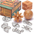 LESONG Brain Teasers Metal and Wooden Puzzles for Kids and Adults 9 Pack, Mind, IQ, and Logic Test and Handheld Disentanglement Games, 3D Coil Cast Wire Chain and Durable Wood Educational Toys