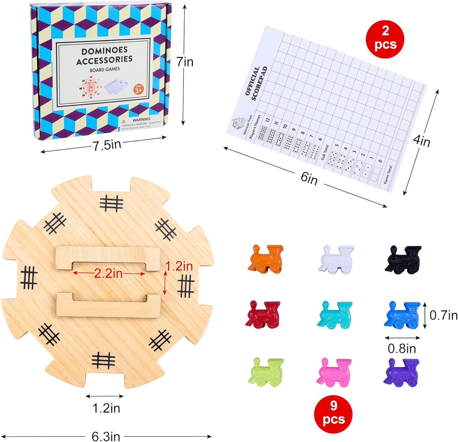 Mexican Train Dominoes Accessories Set with Wooden Hub (Felted Bottom) - Includes 9 Metal Train Markers & 100-Sheet Score Pads - Mexican Train Domino Game Replacement Parts for 2-8 Players Family Game