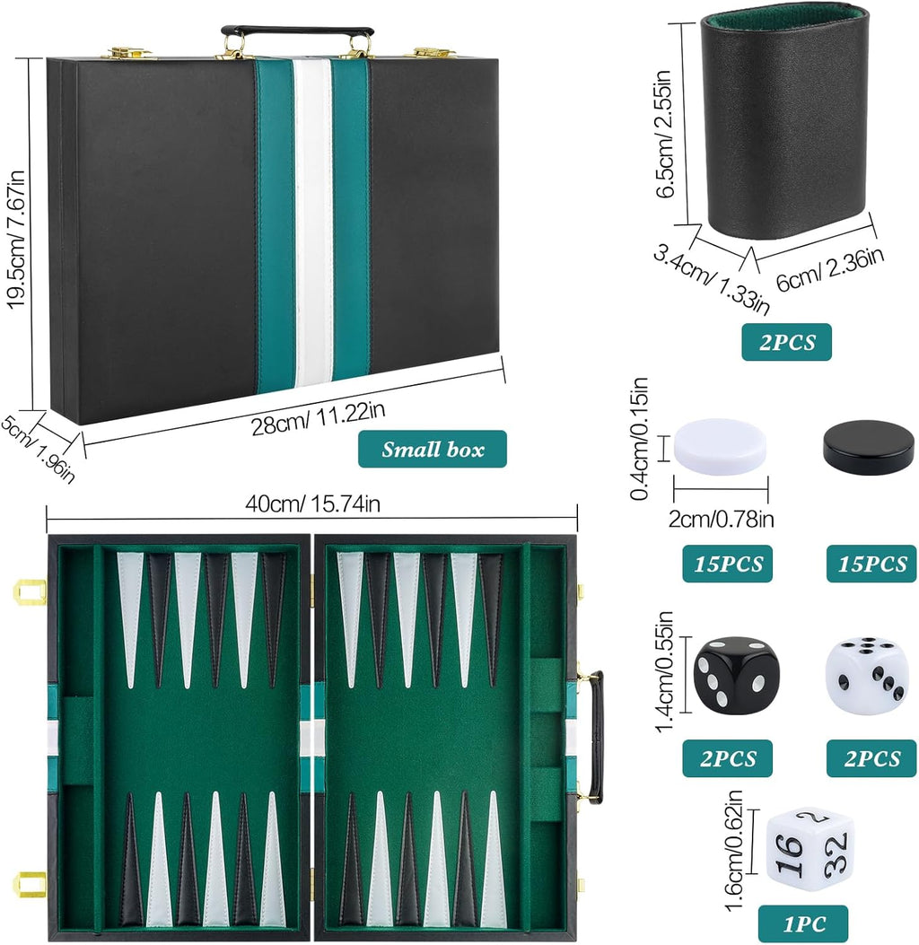 Backgammon Set 2 Players Classic Backgammon Sets for Adults Board Game with Black PU Leather Case Portable and Travel Backgammon Set (Green, 11inch)