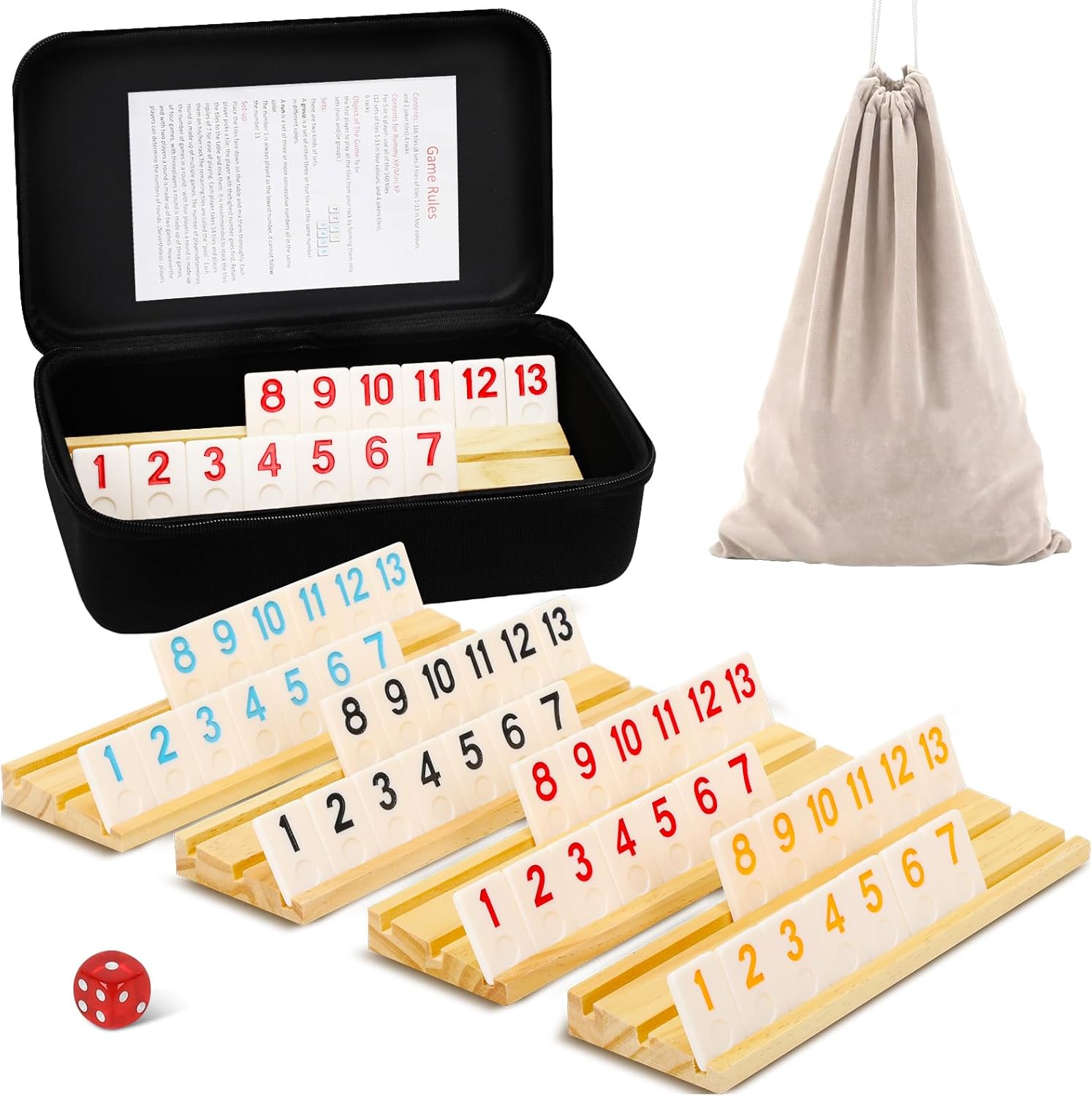 Upgraded 2-4 Players Rummy Game, 106 Melamine Tiles, 4 Wooden Racks, Premium Portable Case, Drawstring Bags, Tile Board Games for Adults, Birthday Gifts for Men Women Dad Mom