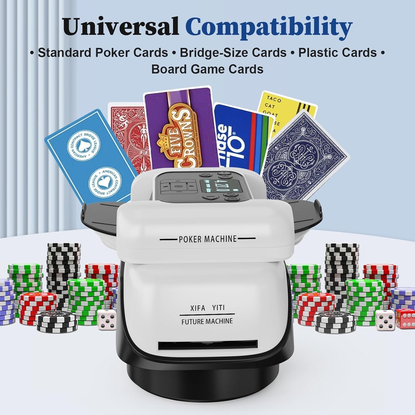 2-in-1 Automatic Card Shuffler & Dealer for 1-2 Decks Support 8 Players, 4 Drawing Remotes, Rechargeable Card Dealer Machine, Preset Games for Poker, UNO, Blackjack, Texas Hold'em, Crazy Eights