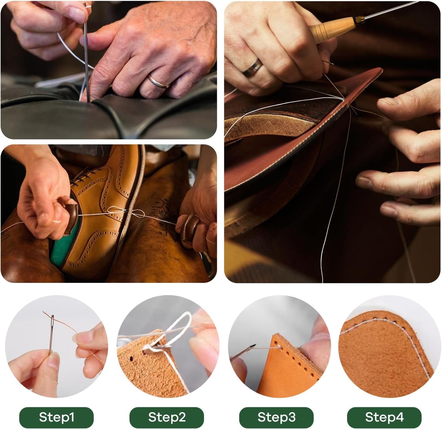 3-Spool Nylon Thread Kit - Each 80 Yards, Includes Sewing Awls & Needles for Hand Sewing, Upholstery & Leather Repair, Brown