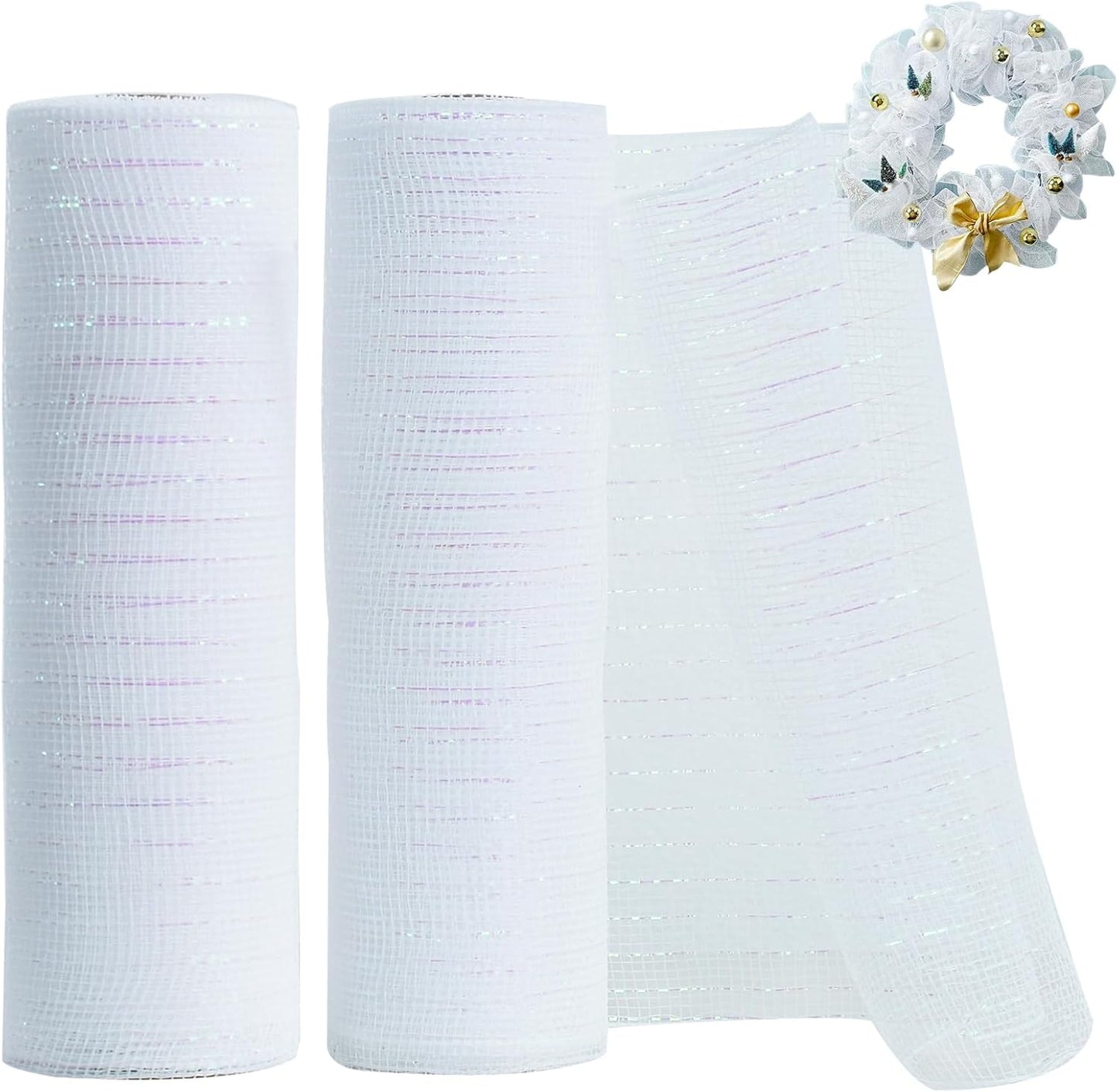 TONIFUL 2 Rolls 10 Inch White Decorative Mesh Ribbbon Rolls, Fabric Mesh with Foil for Mesh Wreath Supplies, Front Door Wreath Crafts Tree Decor Christmas NewYears Halloween Decoration (10 yds/roll)