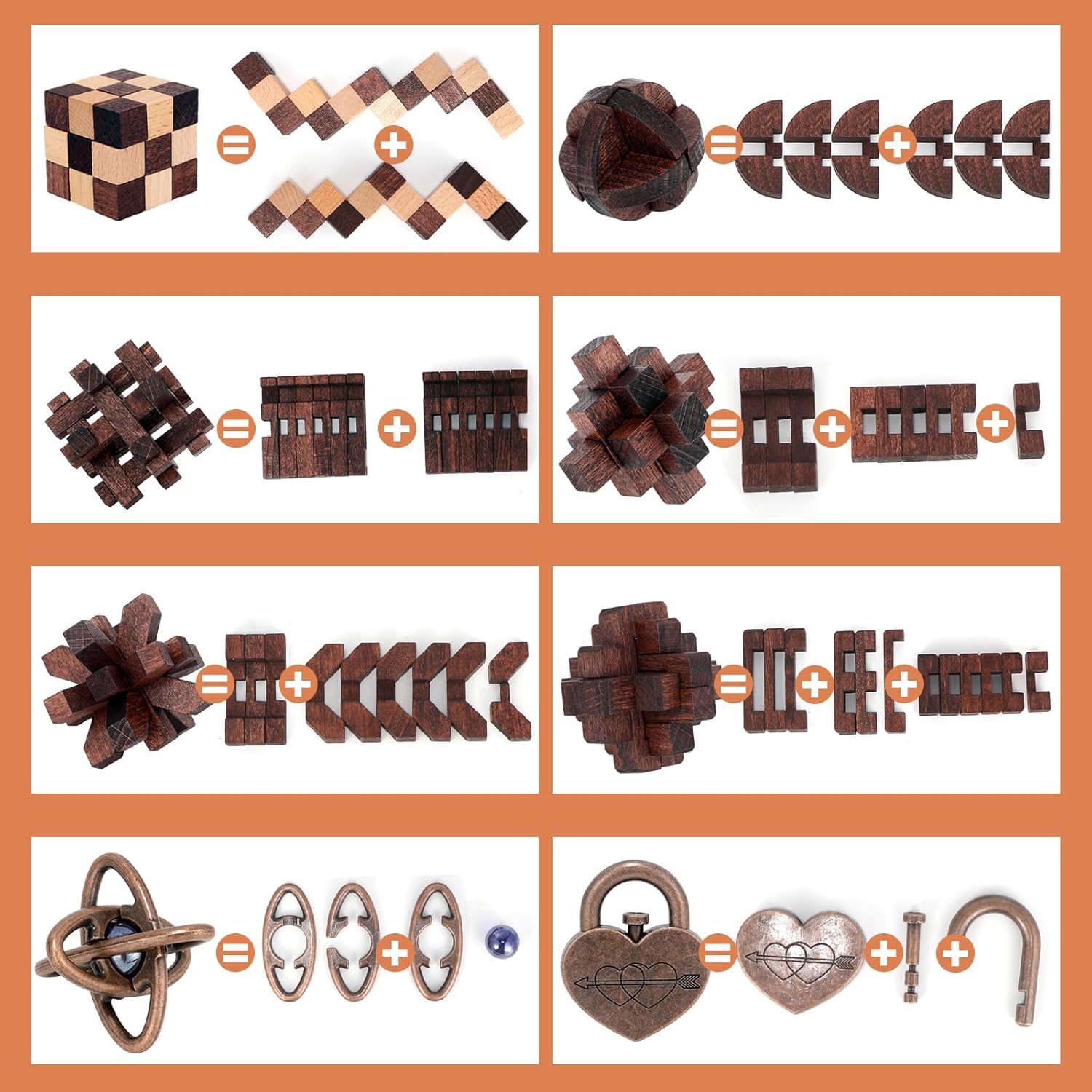 8 Pcs Brain Teaser Puzzles for Adults Teens - Metal Puzzles 3D Puzzle Game Toys for Adults Teens - Wooden Unlock Interlocking Puzzle Adult IQ Education Smart Toys