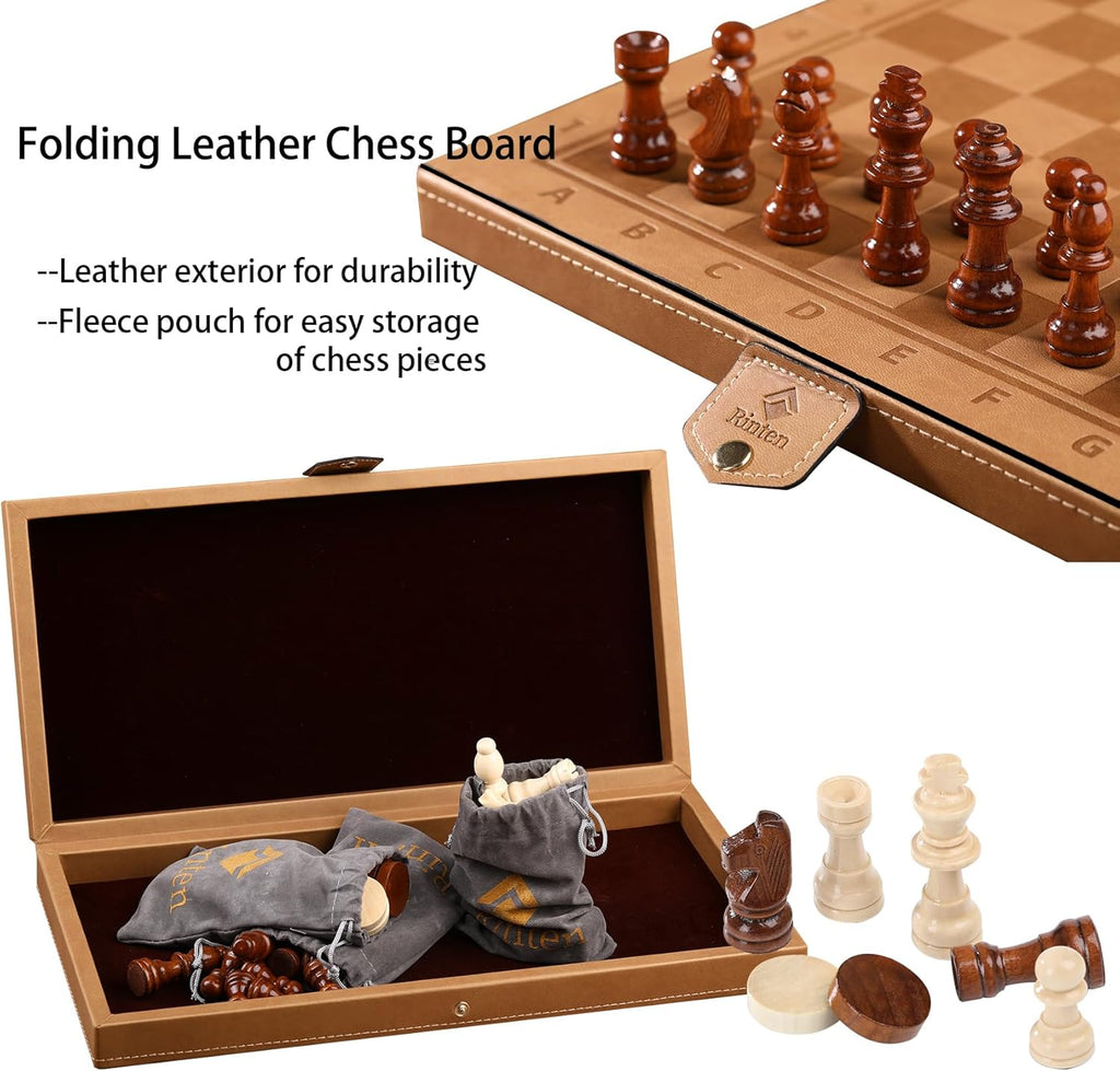 Chess Set Board for Kids & Adults, 12" Travel Magnetic Chess & Checkers Folding Board 2 in 1 Sets, Portable Folding Leather Chess Boards with 3 Velvet Bag Packaging Pieces