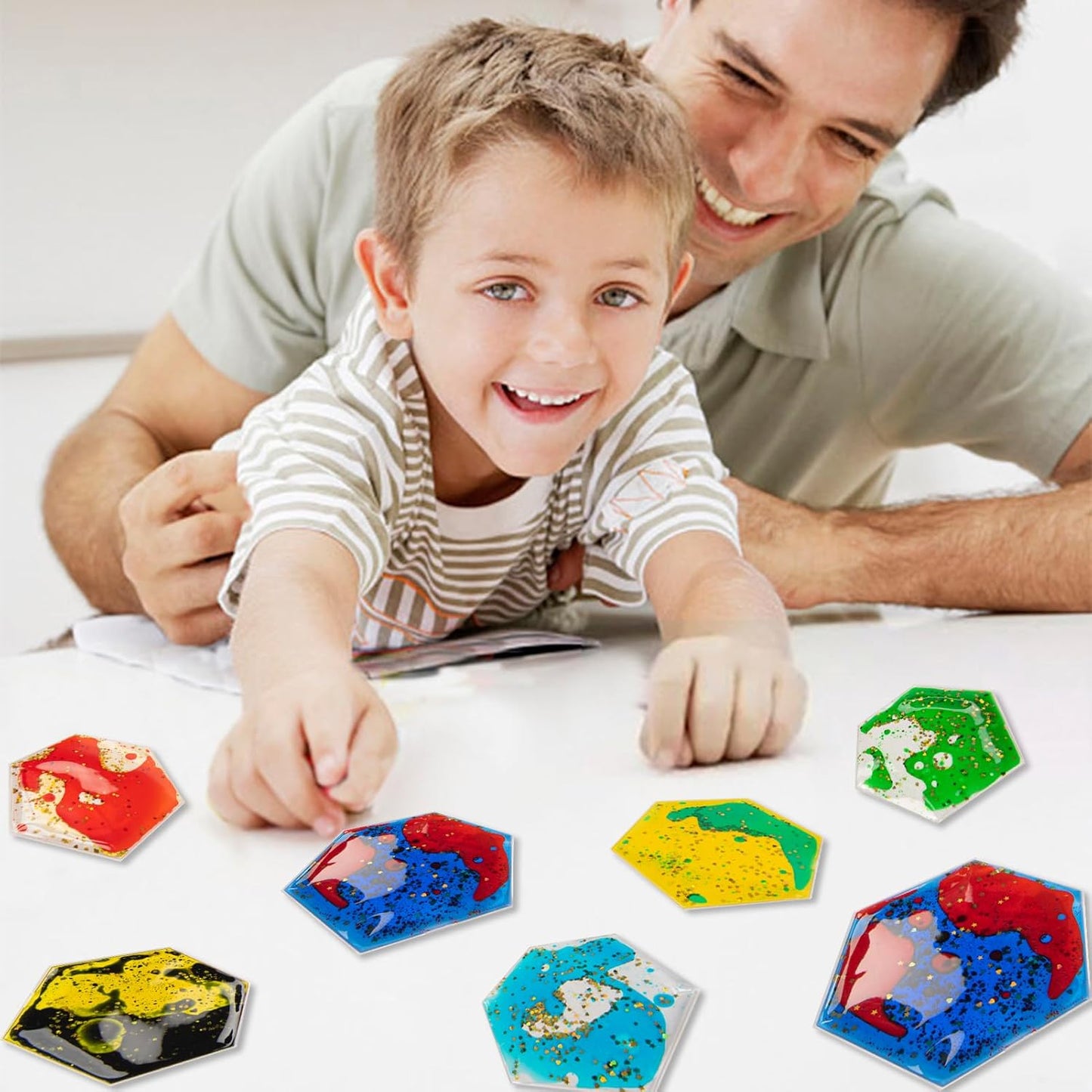 Art3d Hexagon Sensory Fidget Liquid Motion Tiles for Kids, Toddler, Teens - Interactive Soft Gel Liquid Play Mats for Home, Schools, Playrooms, Multi-Pack of 3 Tiles
