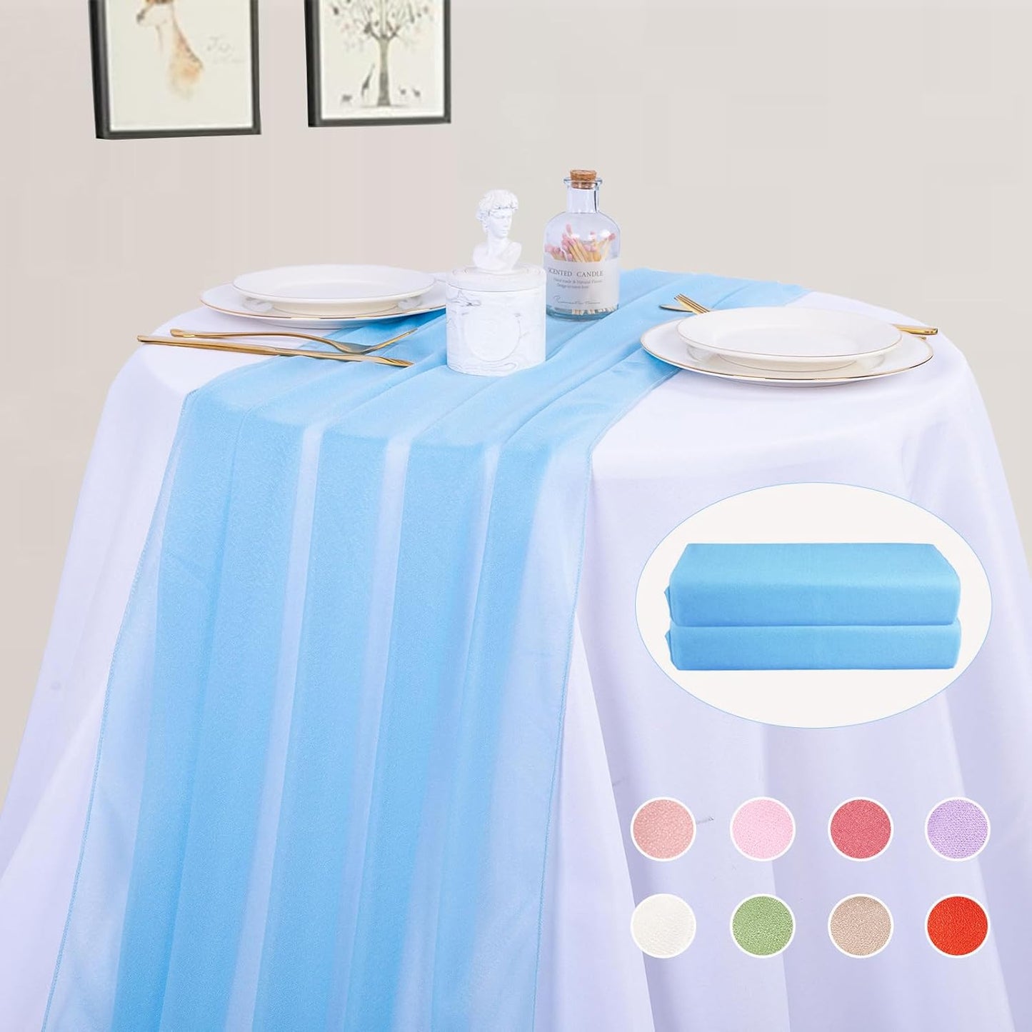 2 Packs 30 x 120 Inches Baby Blue Chiffon Table Runner 10ft Boho Gauze Table Runner for Wedding Decor, Rustic 120inch Long Table Runner for Wedding Bridal Baby Shower Party Decorations