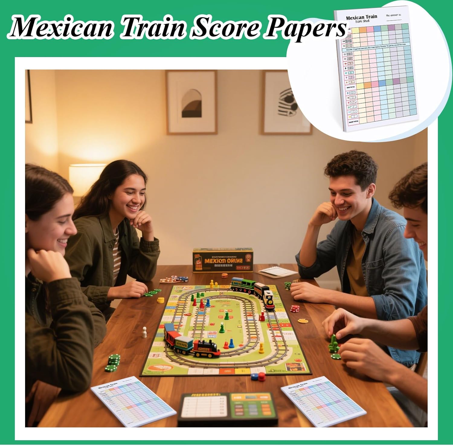 2 Pack 120 Sheets Mexican Train Score Pads Colorful Chicken Foot Dominoes Game Scorepad Adult Mexican Train Score Sheet Scoreboard Paper Record Clearly for Family Game (8 x 5.5 Inches)