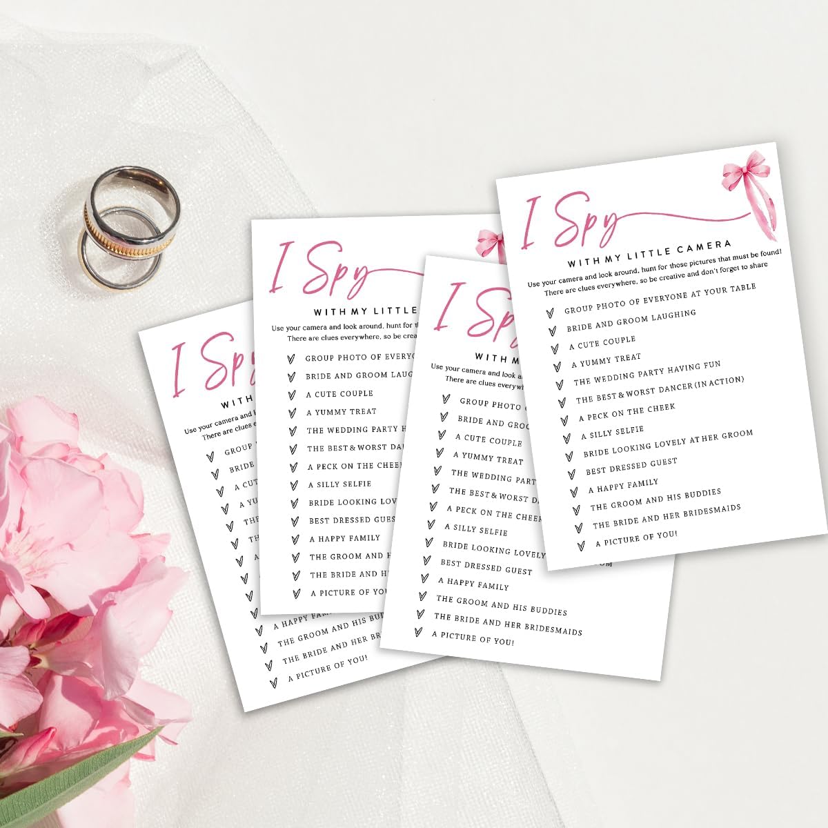 Wedding Shower Games Cards, I Spy with My Little Camera, Bridal Shower Games 25 Guests, Engagement Party Wedding Games for Guests, Pink Ribbon Bow Wedding Party Supplies - E02