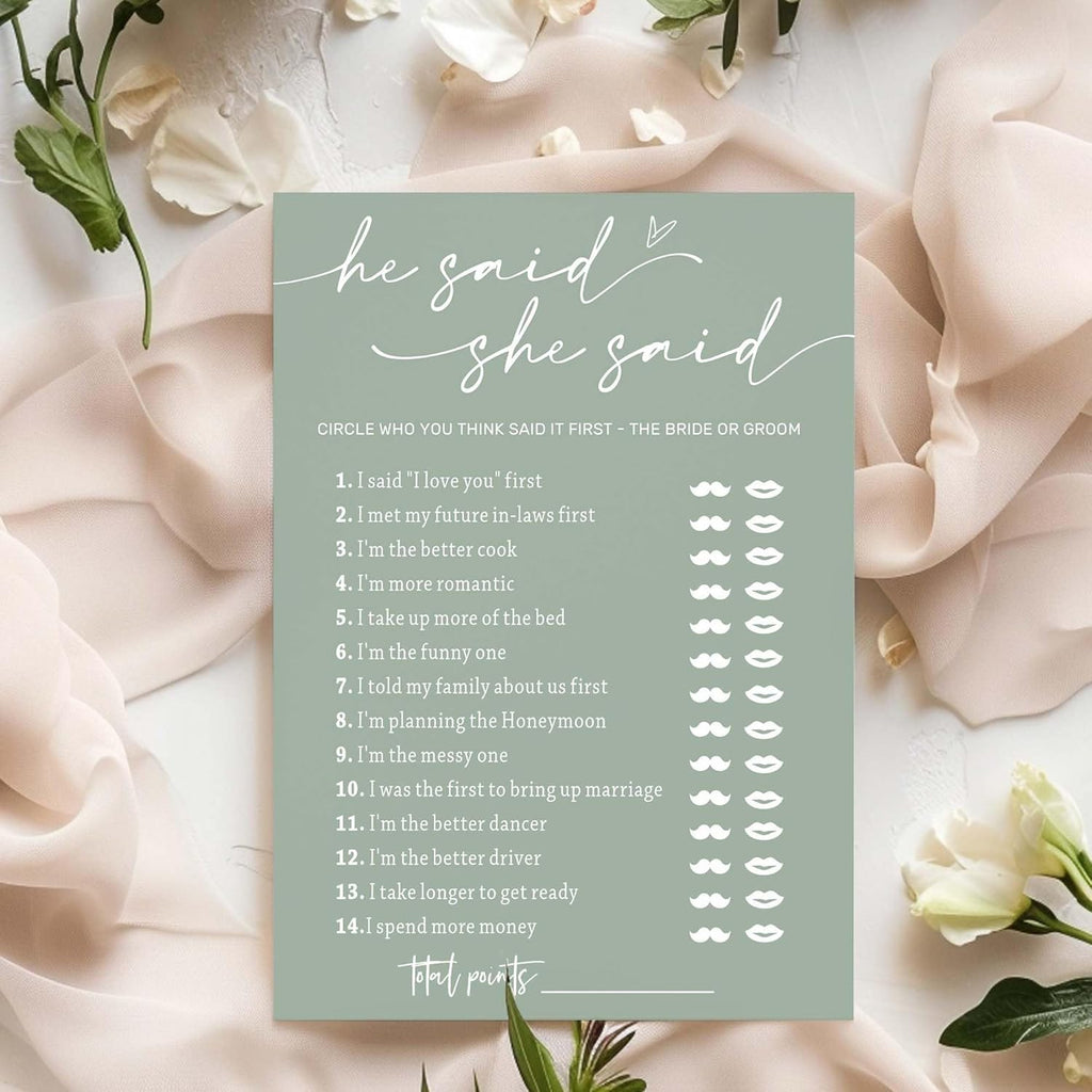 Minimalist Green Wedding Party Supplies: 25 Guest Bridal Shower Games - Engagement Party Cards
