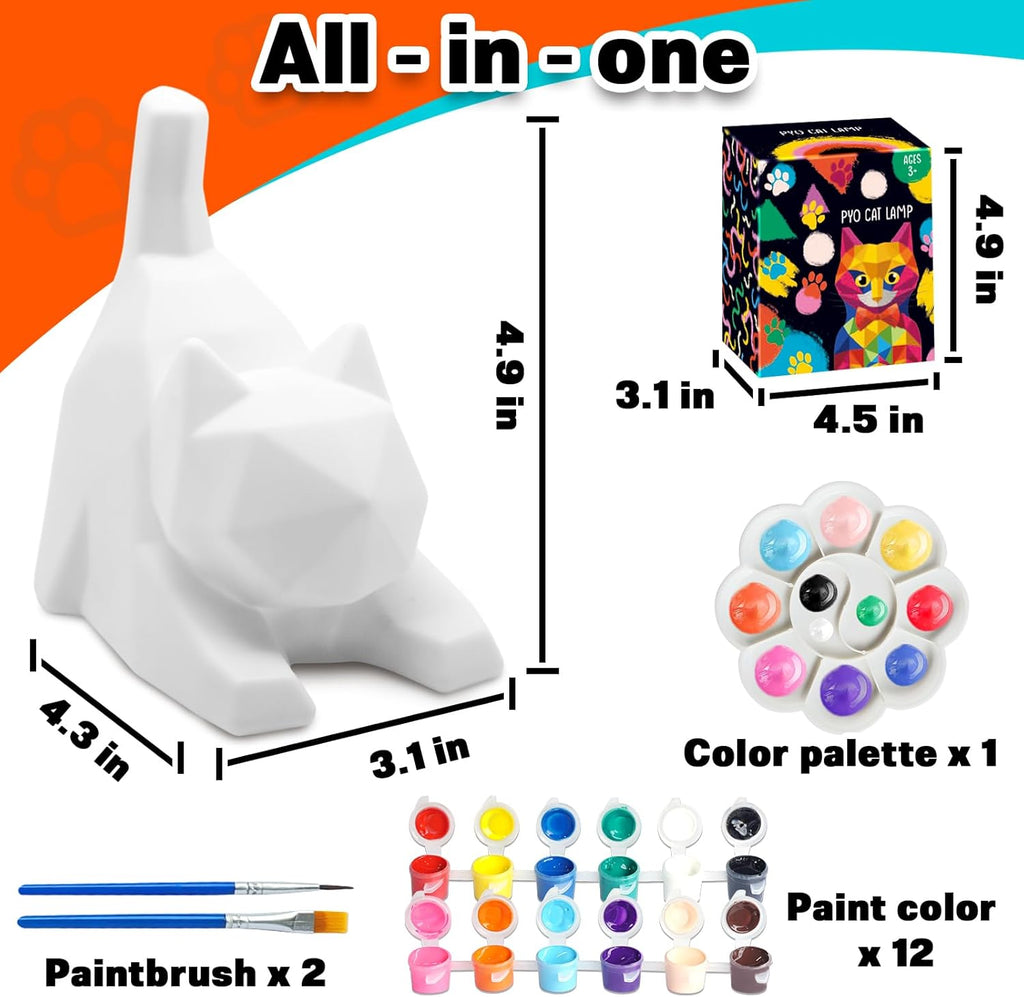 FUNZBO 4.3in Paint Your Own Cat Lamp Kit - Halloweens Arts and Crafts Supplies Painting Set for Kids Teens, DIY Night Light Toy for Toddlers Girls Boys Age 3 4 5 6 7 8 9 10 11 12 13 +