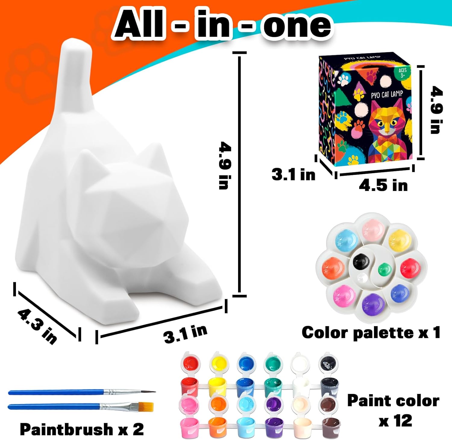 FUNZBO 4.3in Paint Your Own Cat Lamp Kit - Halloweens Arts and Crafts Supplies Painting Set for Kids Teens, DIY Night Light Toy for Toddlers Girls Boys Age 3 4 5 6 7 8 9 10 11 12 13 +