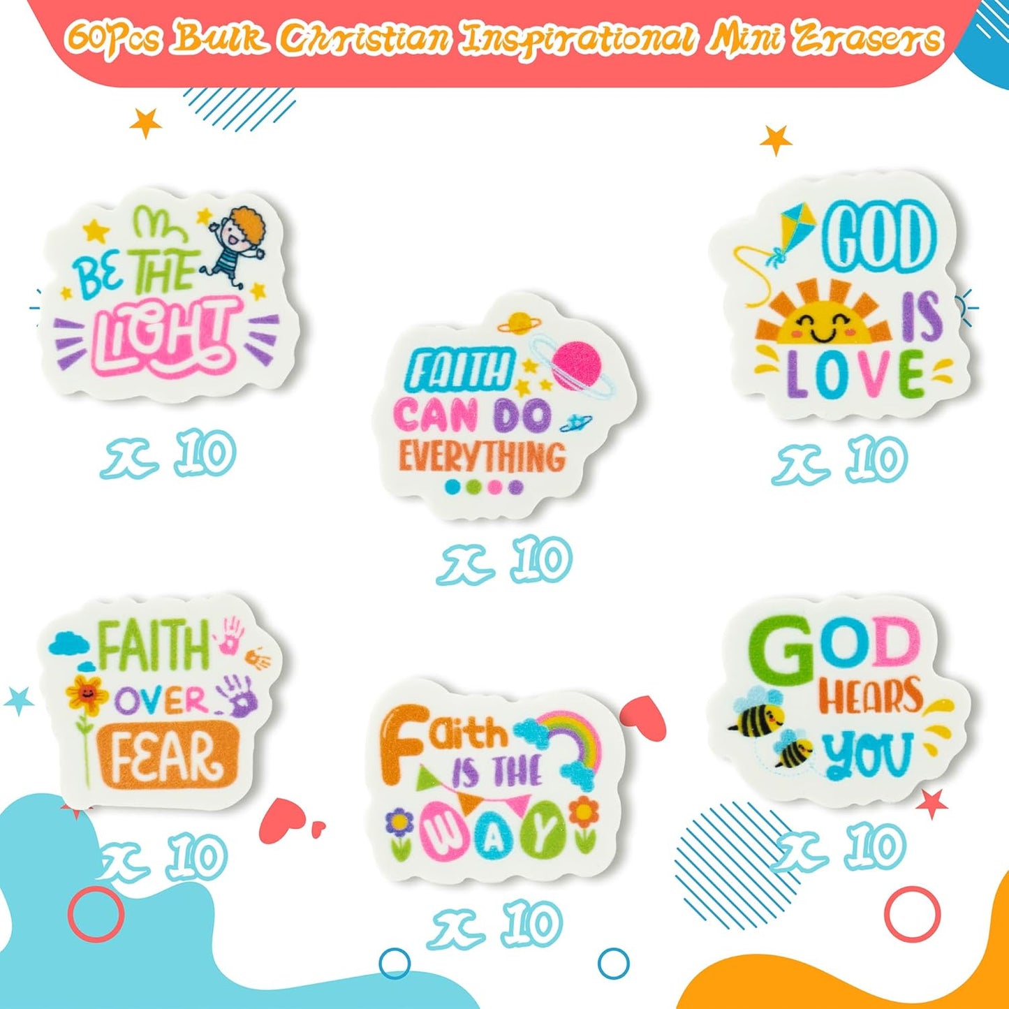 60Pcs Christian Inspirational Mini Eraser Back to School Inspirational Faith Over Fear Pencils Erasers Colorful Sun Bee Flowers 3D Desk Puzzle Erasers Pet for Student Back to School Supplies