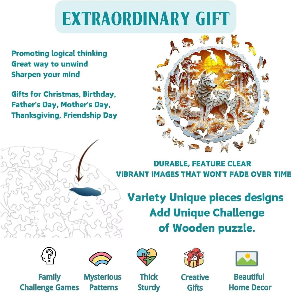 Wooden Puzzles for Adults, 3D Wolf Wooden Puzzles 200 Pieces, Unique Animal Shaped Wood Challenging Jigsaw Puzzles Gifts for Adults, 11.4x11.4in