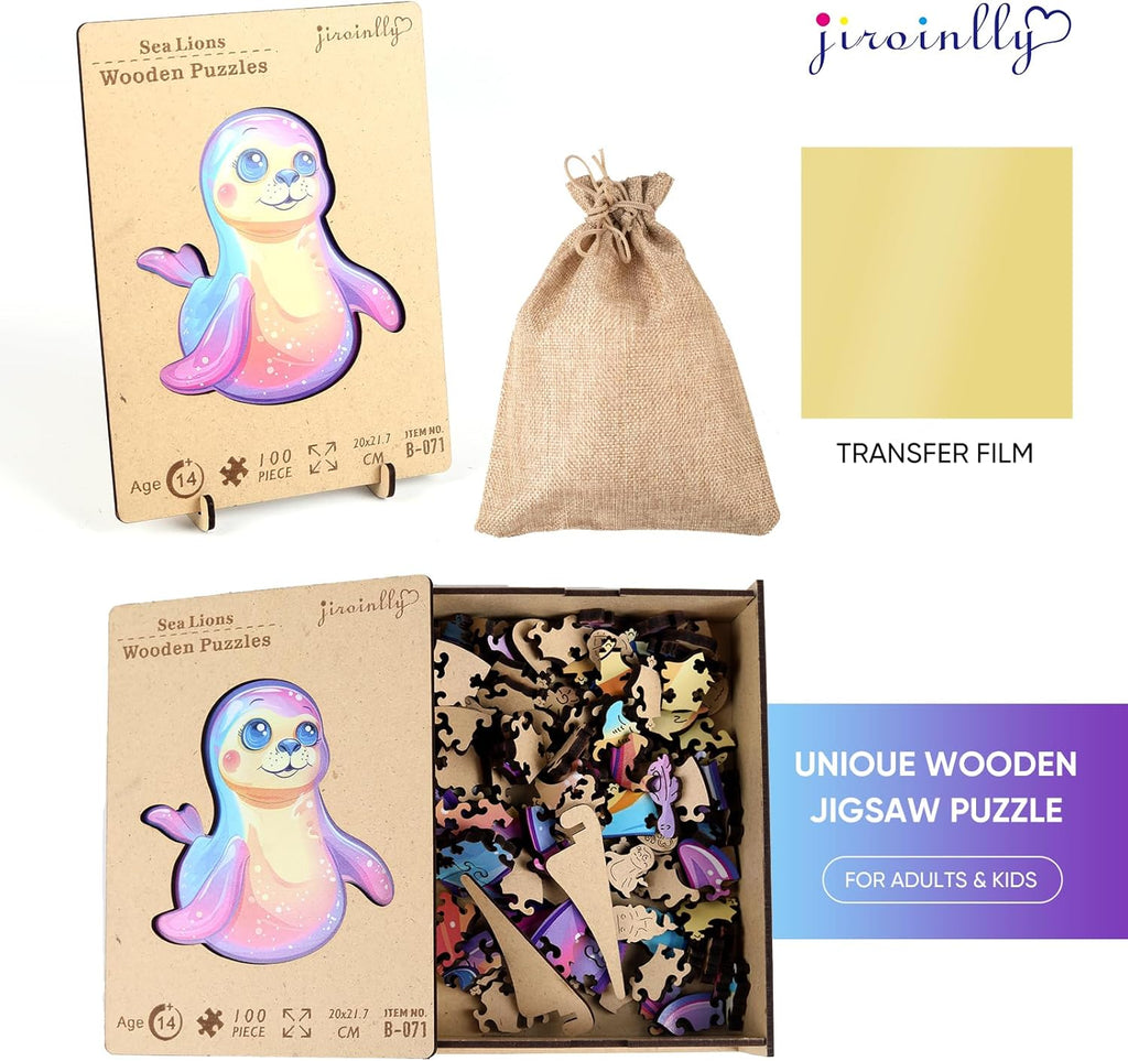 Wooden Puzzles for Adult and Kids, 100 Pieces Ocean Puzzle, Unique Shaped Sea Lions Wooden Preschool Puzzle, Toddler Wooden Puzzle Toy Gift for Family and Friends, Suitable for Family Games