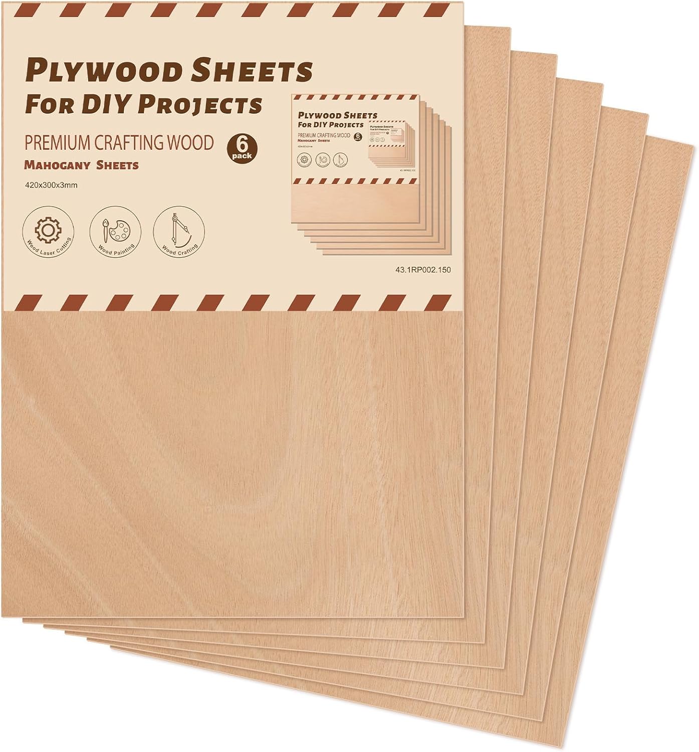 ROBOTIME 6-Pack Laser Wood Sheets 1/8" - 12 x 16 x 1/8 Inch - Mahogany - 3mm Plywood for Laser Cutting, Laser Engraving Blanks