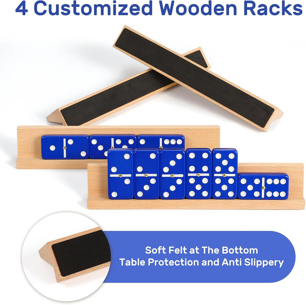 Dominoes Set for Adults with 4 Wooden Racks/Trays, Double Six Travel Portable Case 6 Tiles Holders, 28 Dominos Family Board Games - Blue
