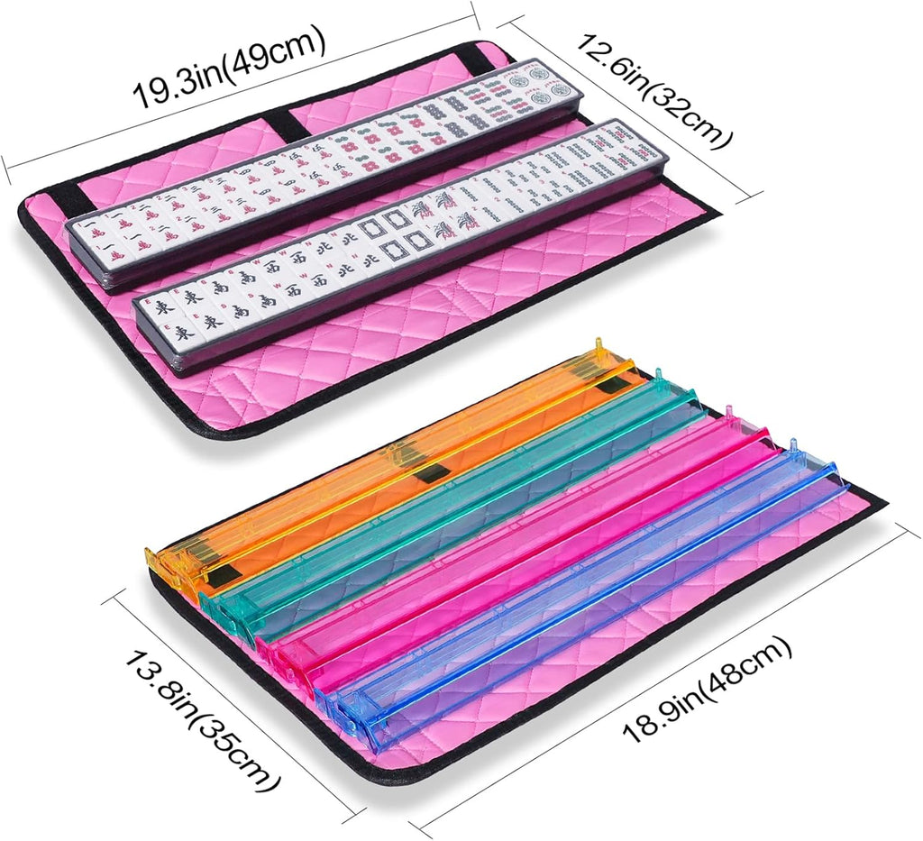 American Mahjong Game Set, 166 White Tiles, 4 All-in-One Color Rack/Pushers, Complete Mahjong Set with Pink Printed Carrying Bag
