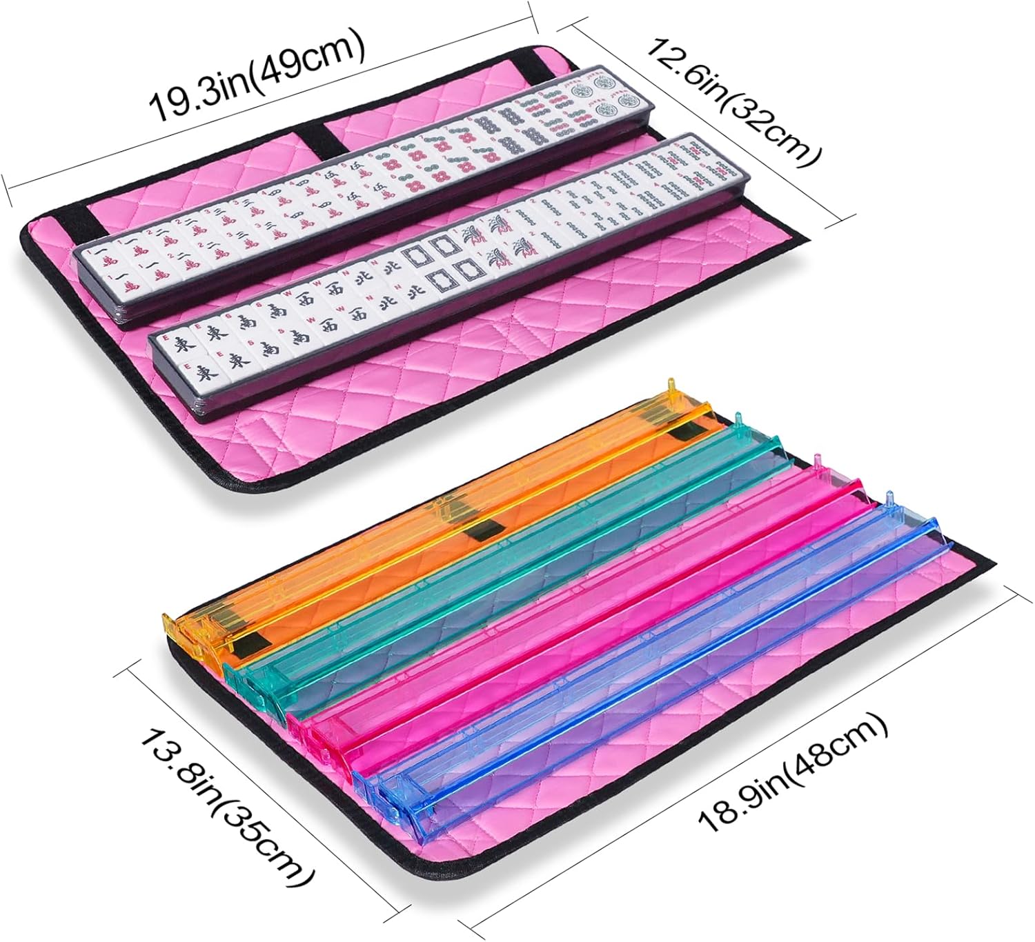 American Mahjong Game Set, 166 White Tiles, 4 All-in-One Color Rack/Pushers, Complete Mahjong Set with Pink Printed Carrying Bag