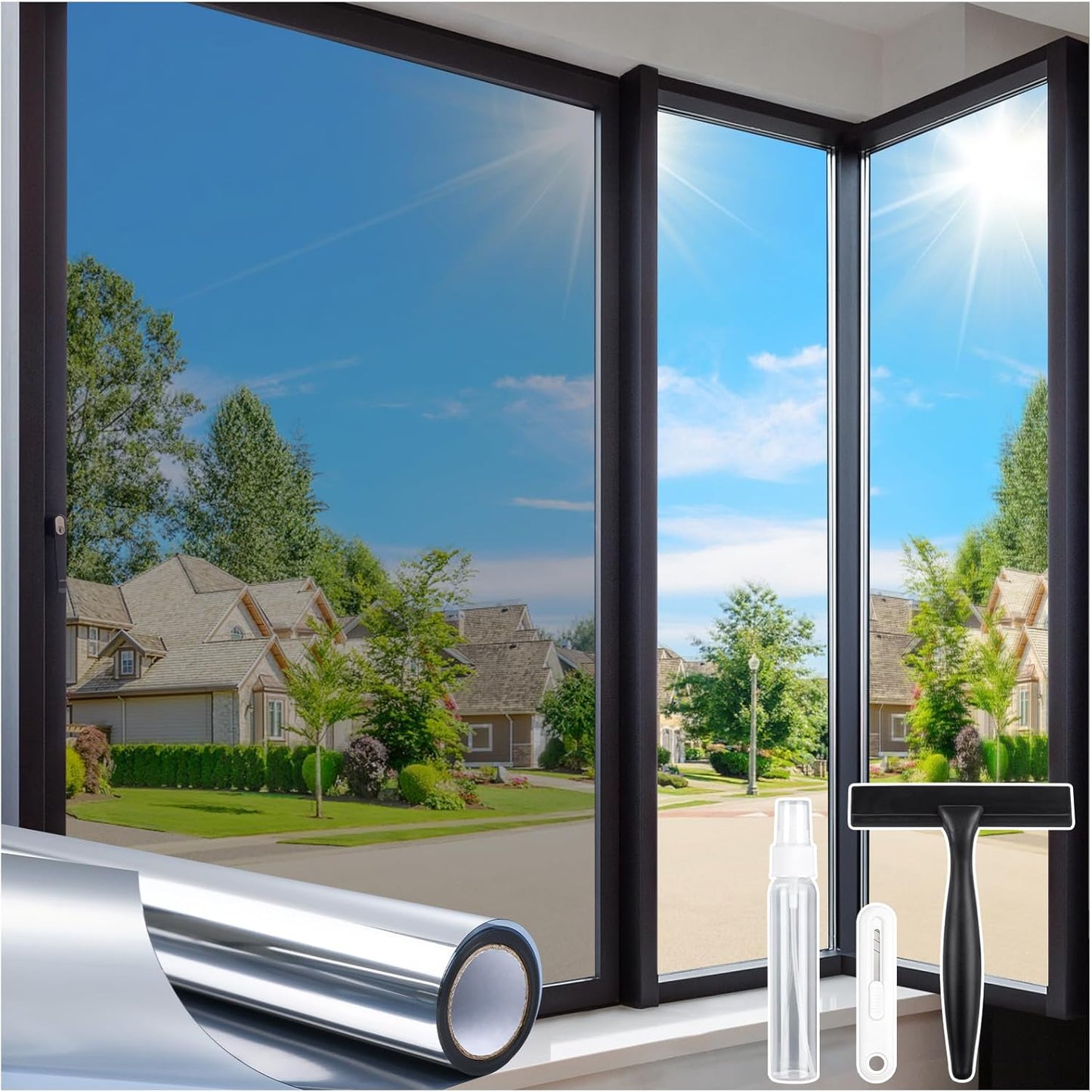 Homein One Way Privacy Window Film with Tool Window Tint for Home See Out Not in Heat Control Sun Blocking Mirror Reflective Anti UV Covering Static Cling No Glue Sliver 17.5 x 157.4 inch