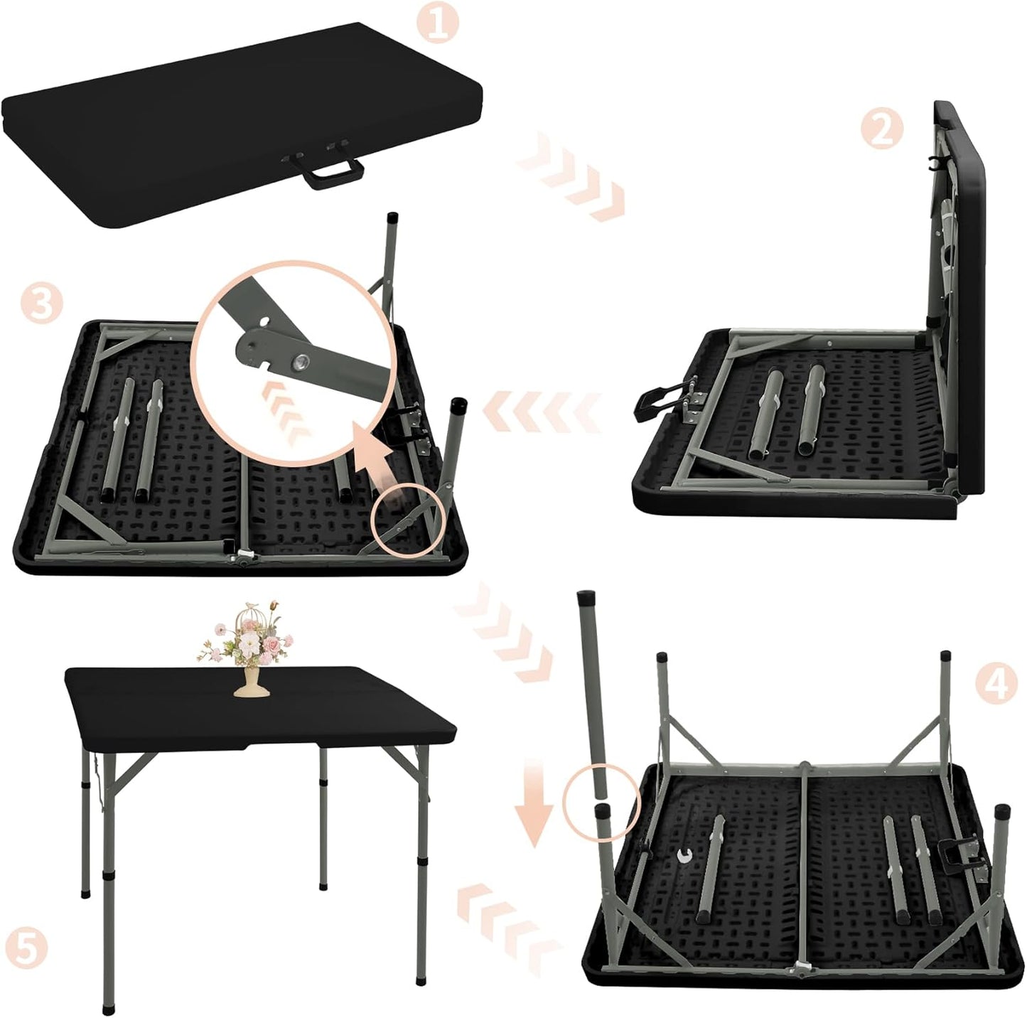 Set of 2 Square Folding Table 34in Multi-Functional Portable Folding Card Table with Carrying Handle for Indoor Outdoor Camping,Picnic, Office, Party Use HDPE Plastic Tabletop with Metal Frame(Black)