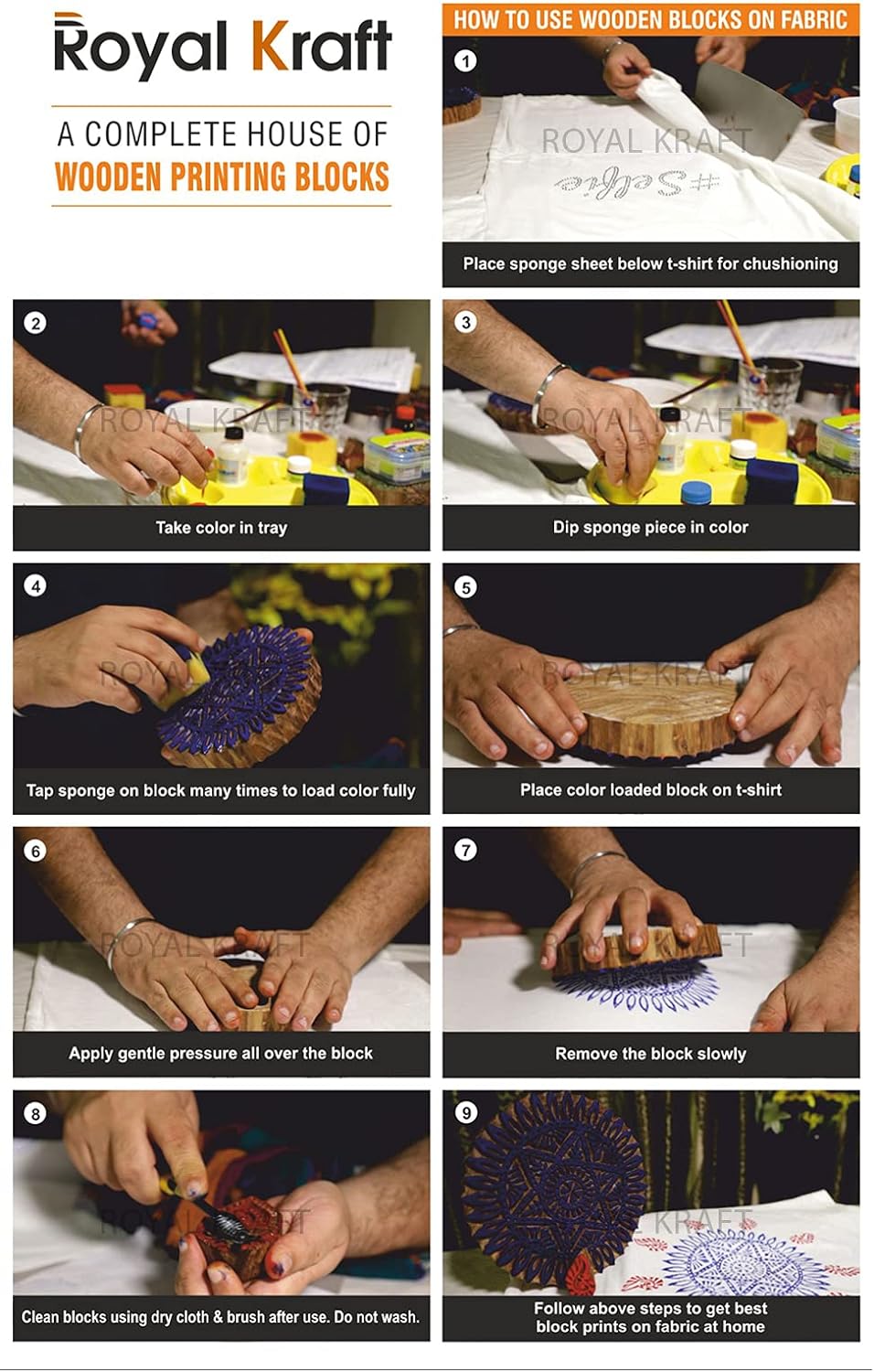 Royal Kraft Round Wooden Printing Stamps (Set of 10) - DIY Henna Fabric Textile Paper Clay Pottery Blocks Htag2163