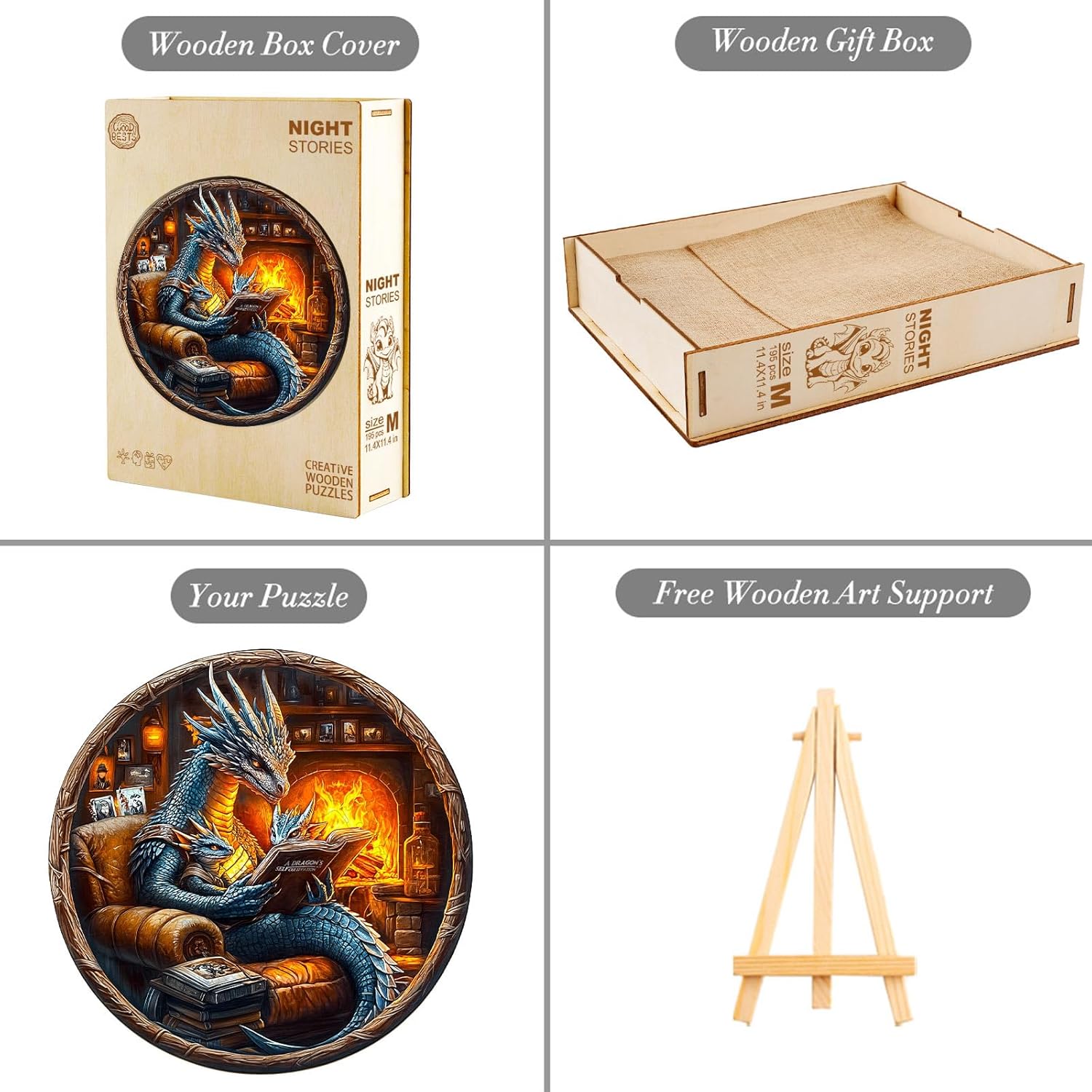 KAAYEE Wooden Puzzles for Adults, 3D Visual Effect Dragon Family Night Reading Wooden Jigsaw Puzzle Unique Shape Wood Puzzle Adult, 3D Effect Flat Puzzle Birthday Family Games (L-13.4*13.4 in-295pcs)