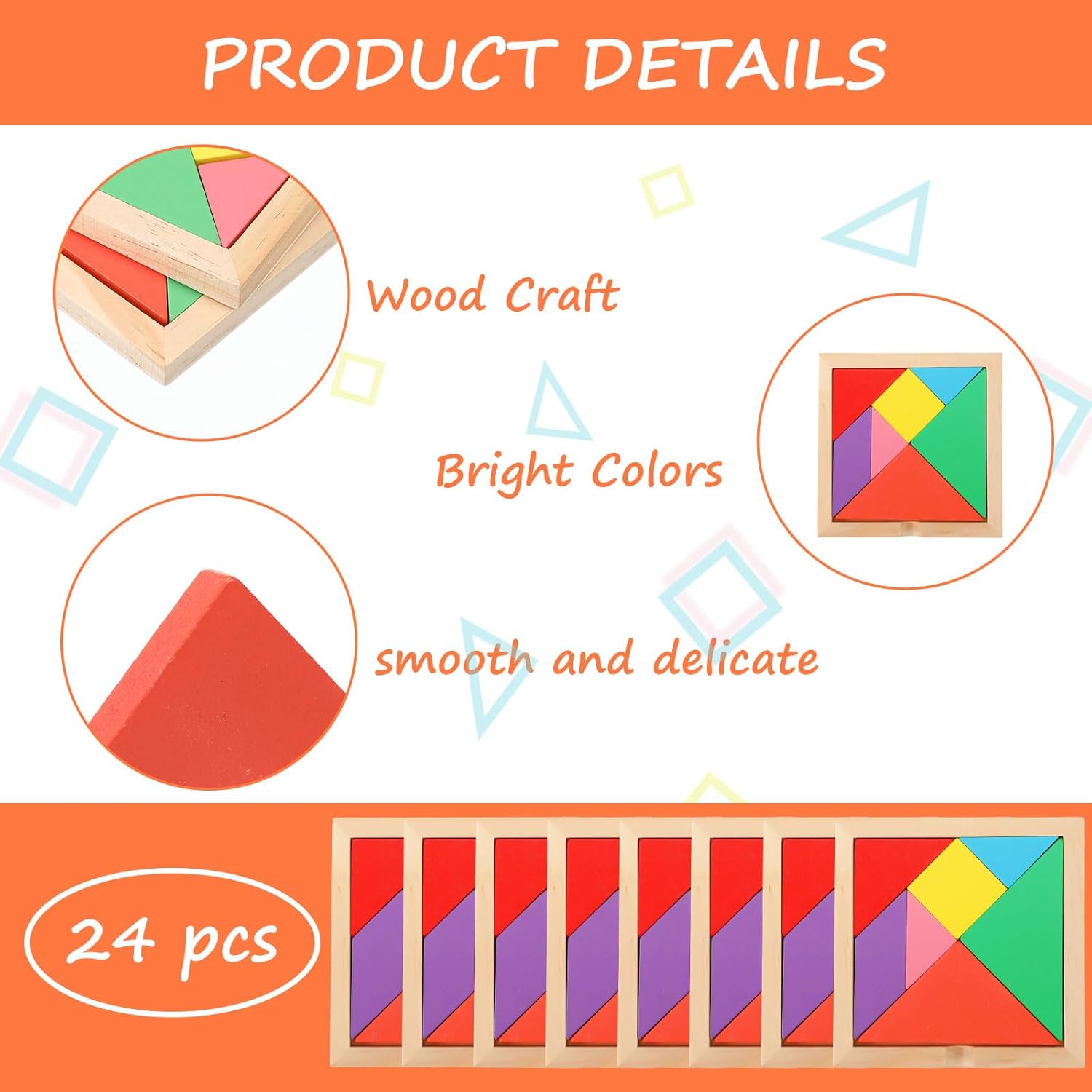 Syhood 24 Pieces Tangrams Puzzles for Students Party Favors Wooden Tangram Pattern Blocks Brain Logic Blocks for Manipulatives Games Educational Gifts and Party Favors(Bright)