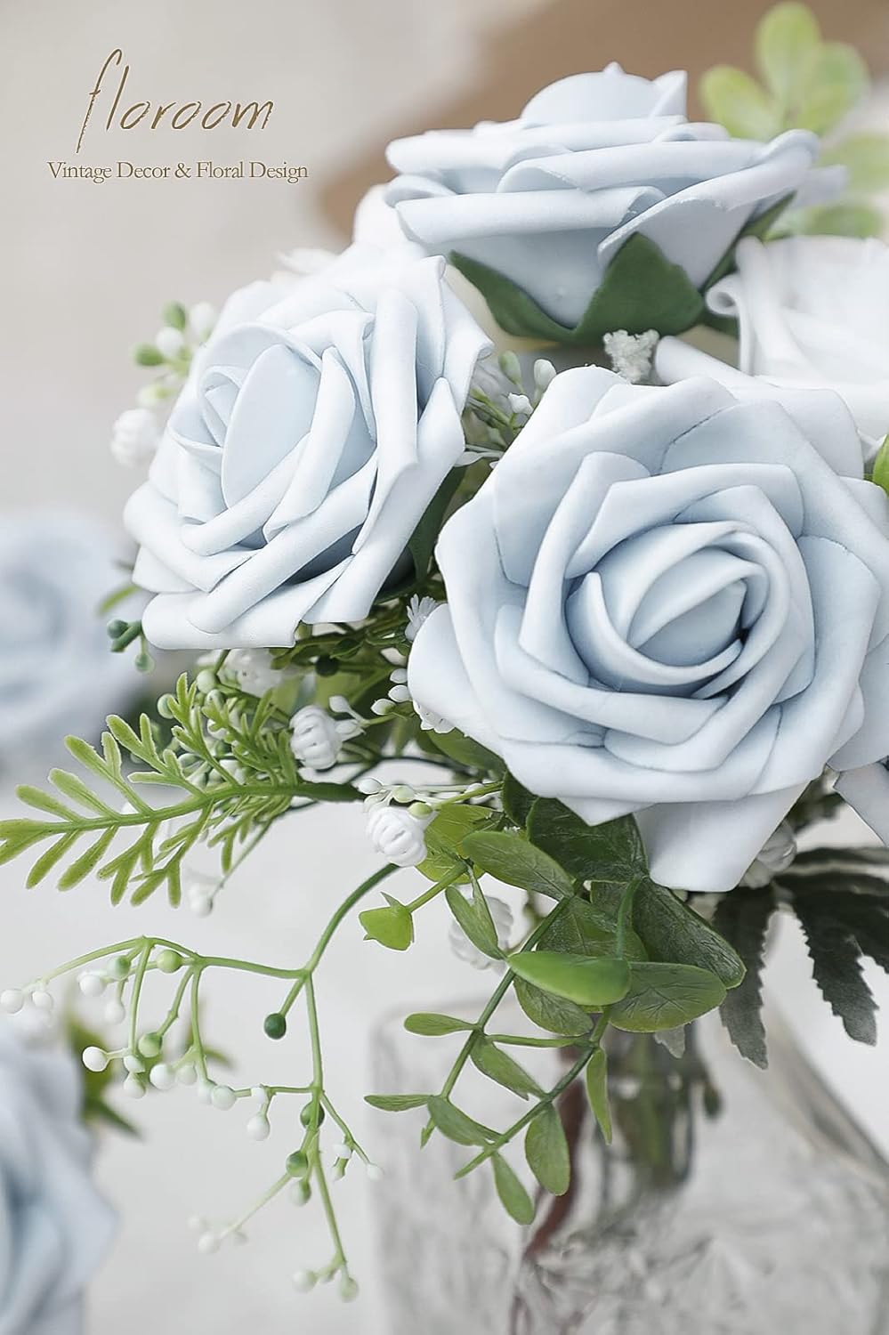 Floroom Artificial Flowers 50pcs Real Looking Powder Blue Foam Fake Roses with Stems for DIY Wedding Bouquets Bridal Shower Centerpieces Floral Arrangements Party Tables Home Decorations