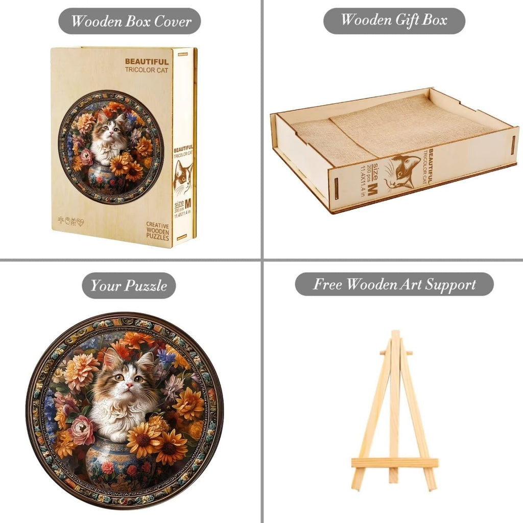 Wooden Puzzles Adults, Beautiful Tricolor Cat Wooden Puzzles 100 Pieces, Unique Animal Shaped Wood Challenging Jigsaw Puzzles Gifts for Adults, 8.5x8.5in