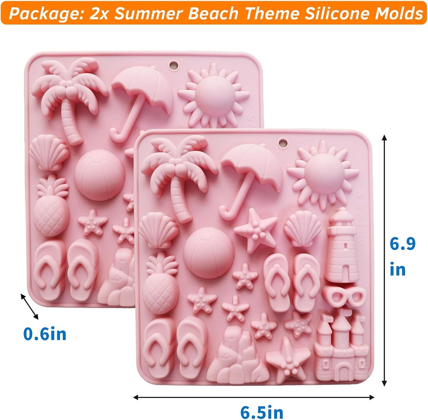 Summer Beach Theme Chocolate Molds, 2PCS Summer Party Fondant Candy Jelly Baking Ice Cube Silicone Molds, Coconut Tree Sun Shell Starfish Marine Cake Decor Mold, Unique Resin Candle Soap Mold