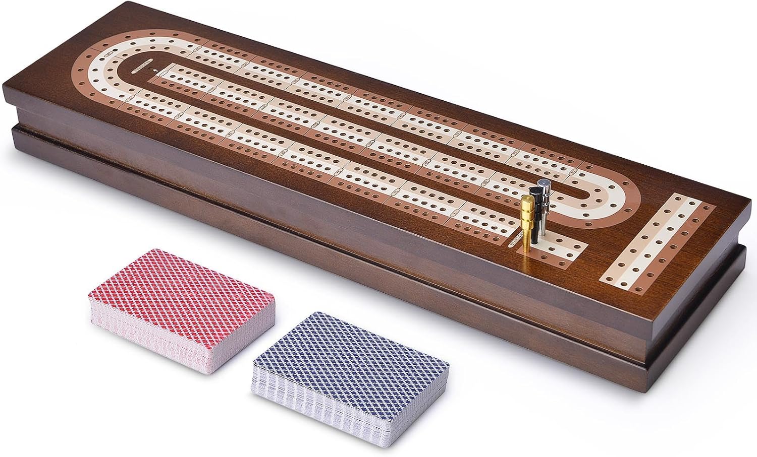 AMEROUS Wooden Cribbage Board Game Set with Magnetic Lock - Metal Pegs - 2 Playing Cards - Continuous 3 Track Board - Larger Storage Area, Travel Portable Cribbage Game Sets for Family