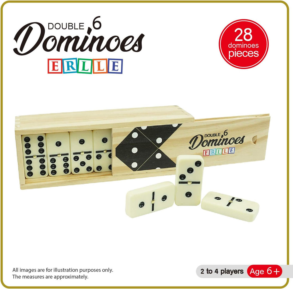 ERLLE - Dominoes Set, Premium Classic 28-Piece Double Six Domino Set with Wooden Case, Family & Kids Board Game, Mexican Train, Chicken Foot, and Classic Domino Games