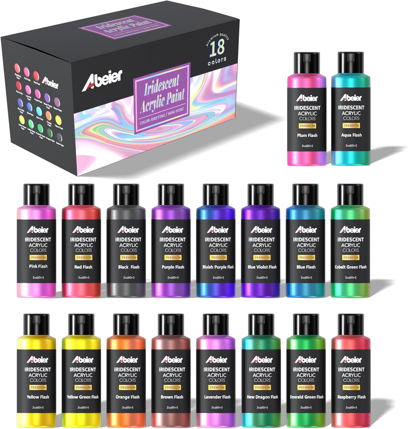 ABEIER Iridescent Acrylic Paint, Set of 18 Chameleon Colors, 2 oz/60ml Bottles, Color-shifting, Non-Toxic, High Viscosity, Blendable, Paints on Rocks Crafts Canvas Wood, Fabric, Ceramic & Stone