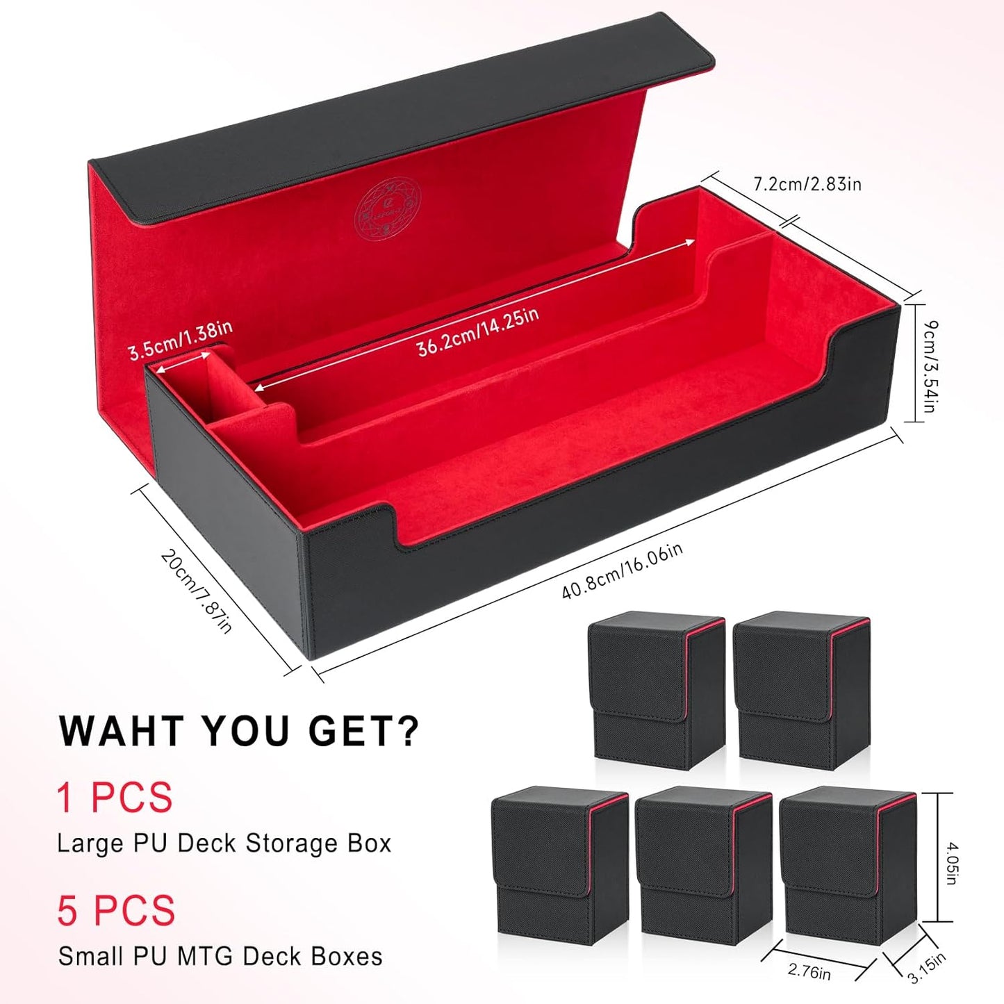 6 in1 Card Deck Box Set,X-Large Premium Trading Card Storage Case with 5 Small Box,Magnetic Game Deck Display Case Compatible with MTG/TCG/Yugioh/Magic/Commander(Black＆Red)