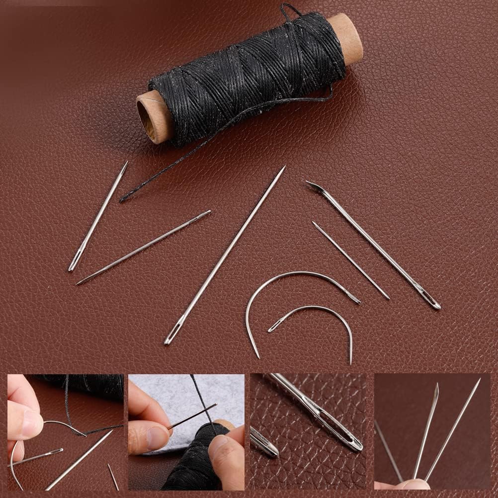 55Yards Waxed Thread with 7 Pcs Leather Needles for Hand Sewing 150D Flat Sewing Waxed Thread Leather Repair Needles for Women Sewing Upholstery Leather Canvas Bags Sofa Furniture
