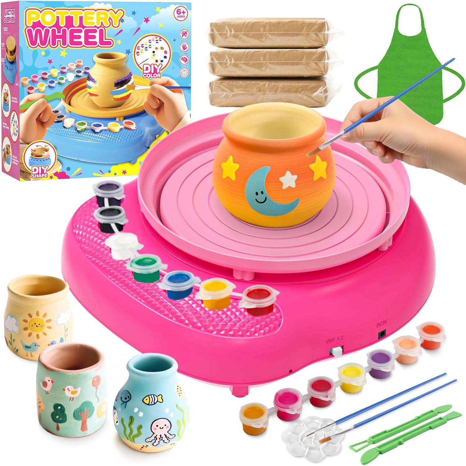 Pottery Wheel for Kids– Complete DIY Pottery Painting Kit for Ages 8-12 Beginners with 4 Air-Dry Clay Packs and Tools, Arts & Crafts Supplies Toys Birthday Gift for Boys Girls 6+ Years Old (Pink)