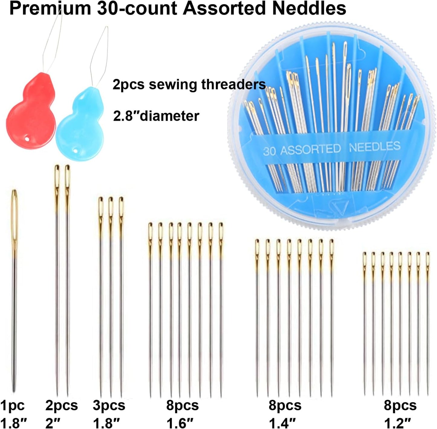 Eketirry 60pcs Premium Hand Sewing Needles，2 Pack 30-Count Assorted Needles for Sewing Repair, 6 Different Sizes Sewing Needles with 2 Threaders (Blue& Black,1)