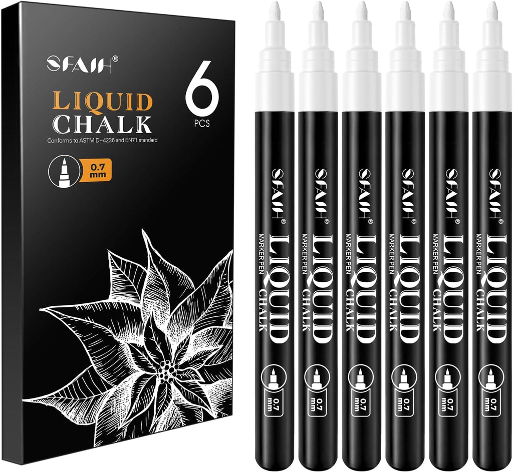 SFAIH Chalk Markers for Blackboard - White 6 Pack 0.7mm Fine Tip, Wet Erase Liquid Chalk Marker for Blackboard, Menu, Bistro, Signs, Windows, Glass, Food Labels, Dust-Free, Non Toxic