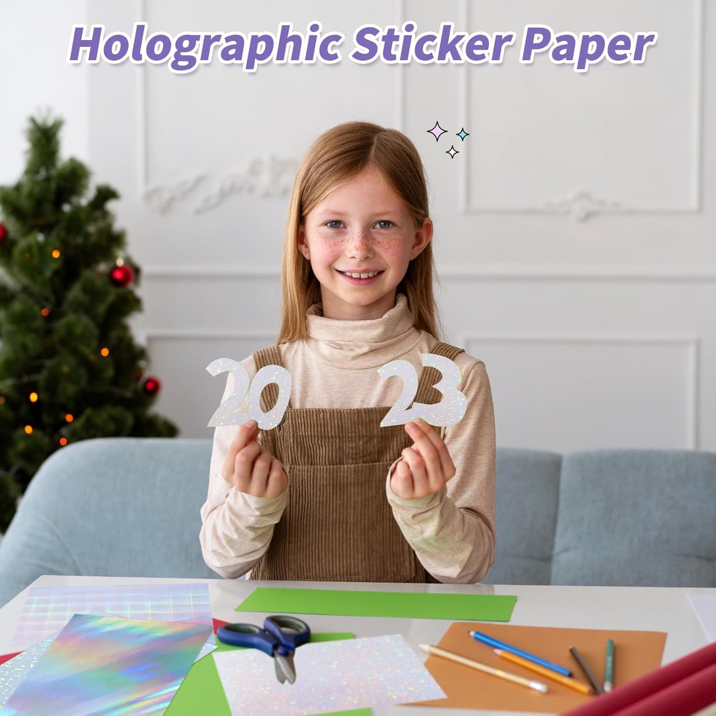 36 Sheets Holographic Sticker Paper,Holographic Laminate Sheets,A4 Size Clear Vinyl Sticker Sheets Self-Adhesive Rainbow Overlay Sheets,11.7 x 8.3 Inches（Star）