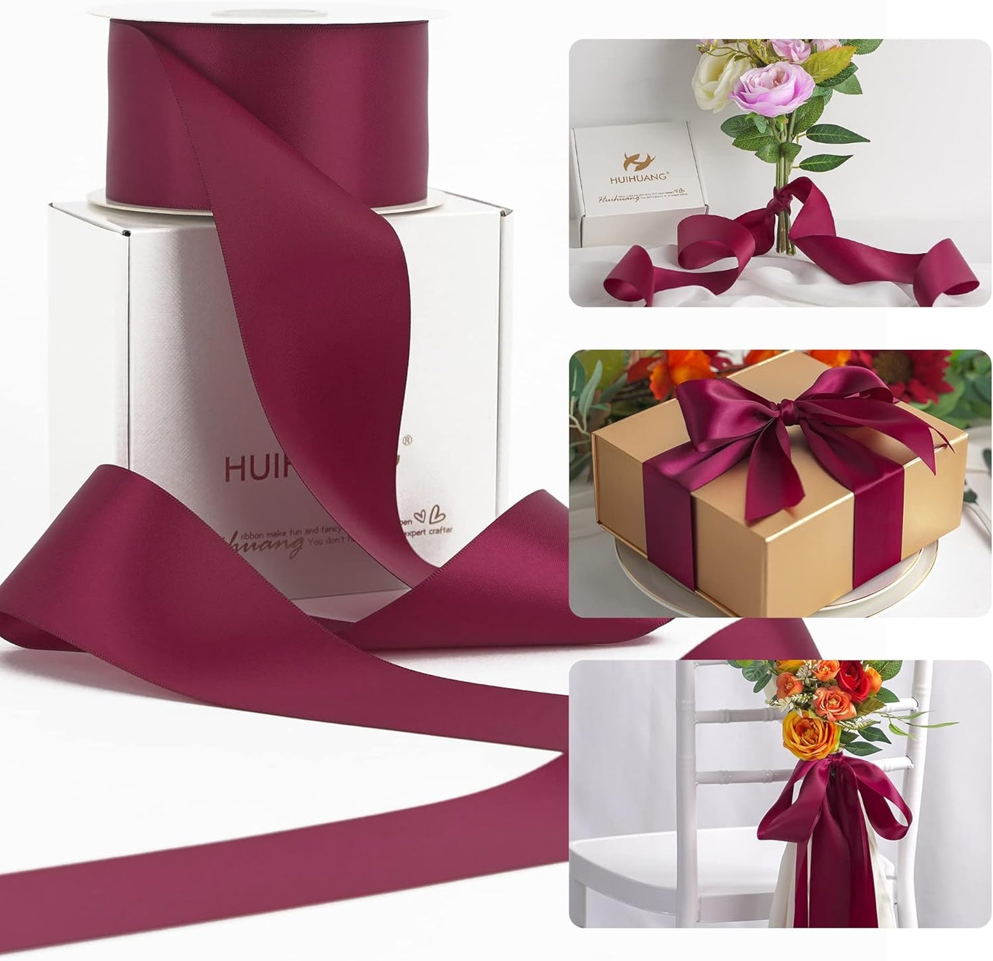 HUIHUANG Wine Red Ribbon 2 inch Wide Double Face Satin Ribbon Maroon Fabric Ribbon for Flower Bouquet Wrap, Wedding Bridal Shower Holiday Decor, Bows Making Crafts, Gift Wrapping-25 Yards/Roll